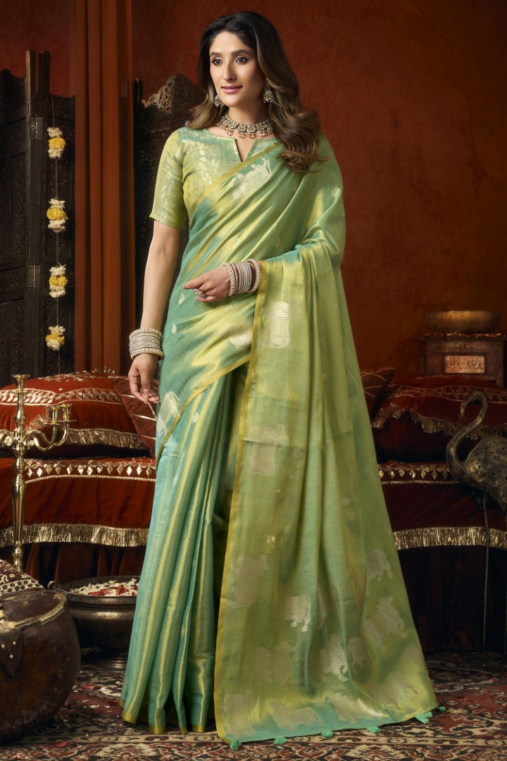 Sea Green Heavy Tissue Saree with Designer Woven Tassels