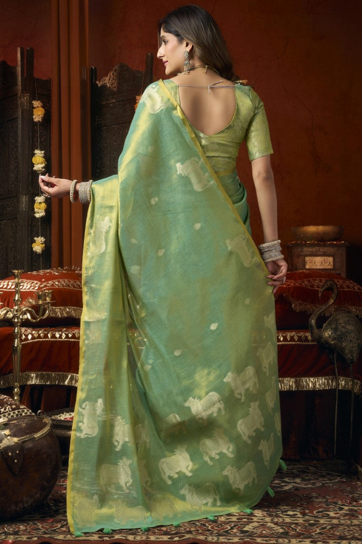 Sea Green Heavy Tissue Saree with Designer Woven Tassels