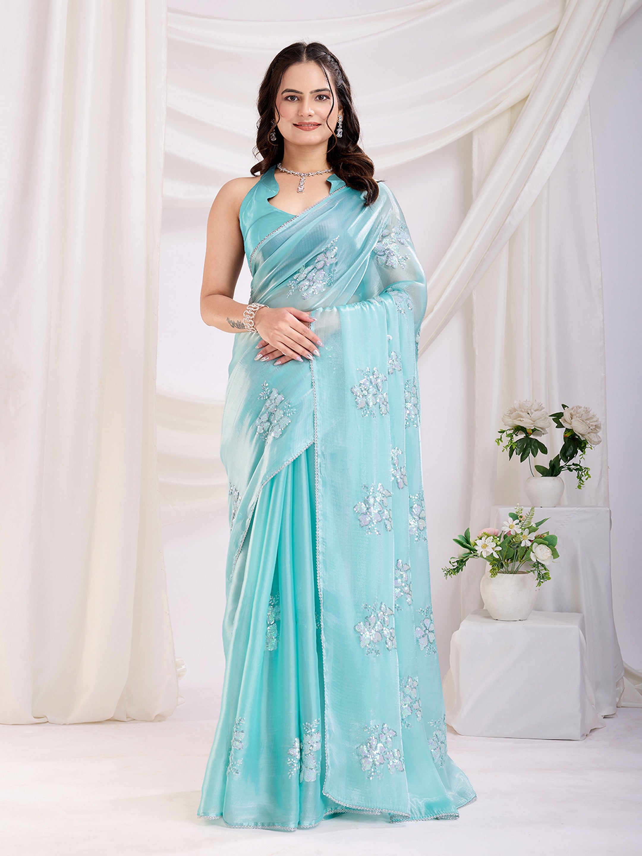 Sea Green Jimmi Choo Sequins Embroidery Work Ethnic Party Saree