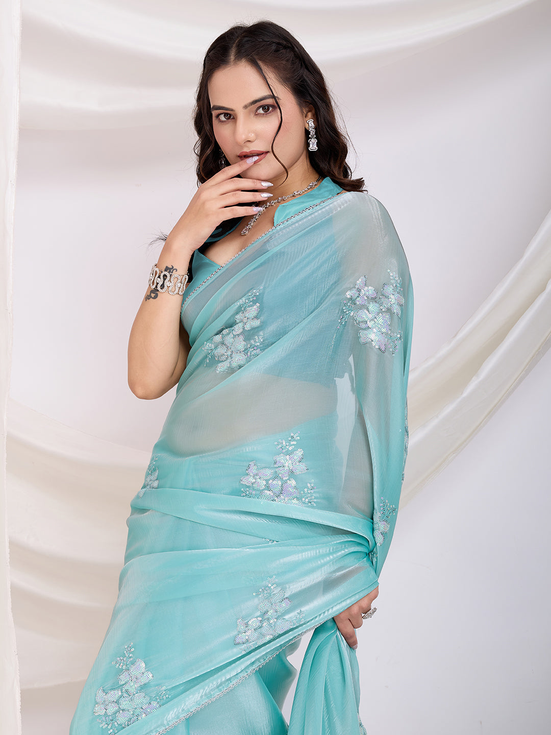 Sea Green Jimmi Choo Sequins Embroidery Work Ethnic Party Saree