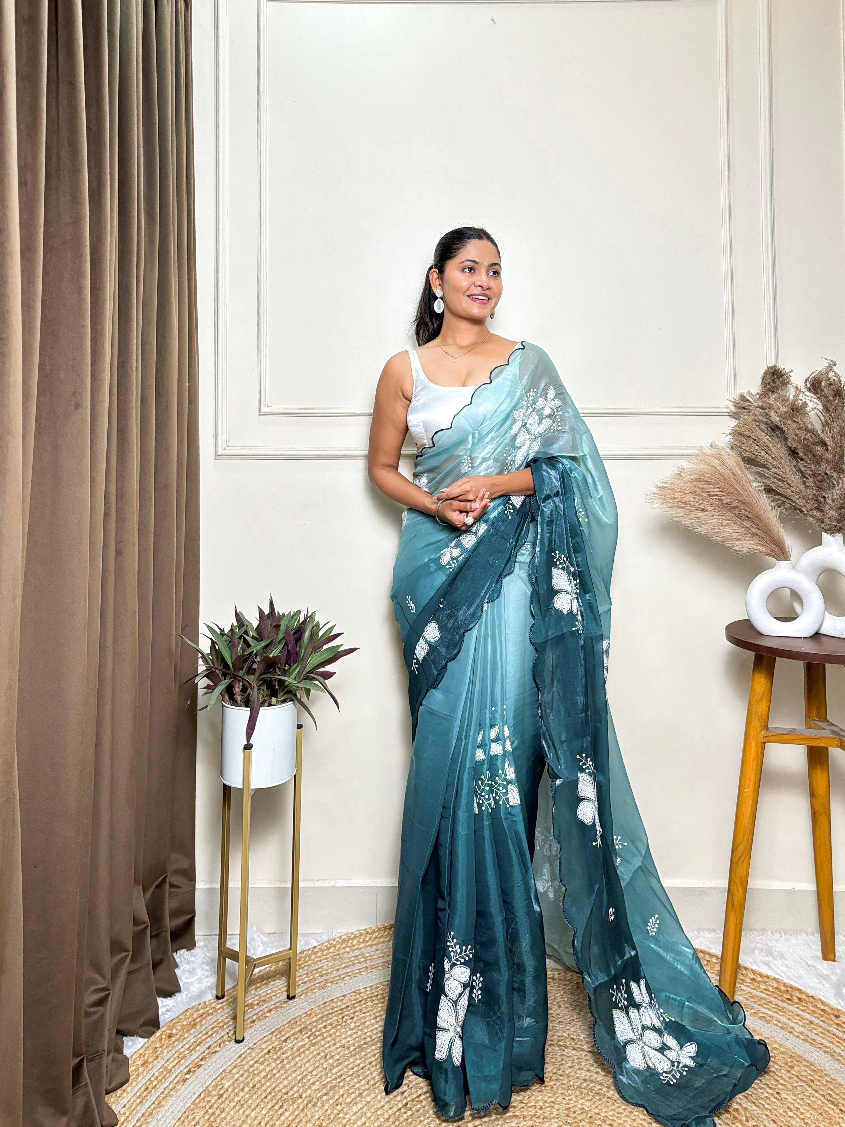 Sea Green Jimmy Choo Beautiful Sequins Embroidery Work Bollywood Saree