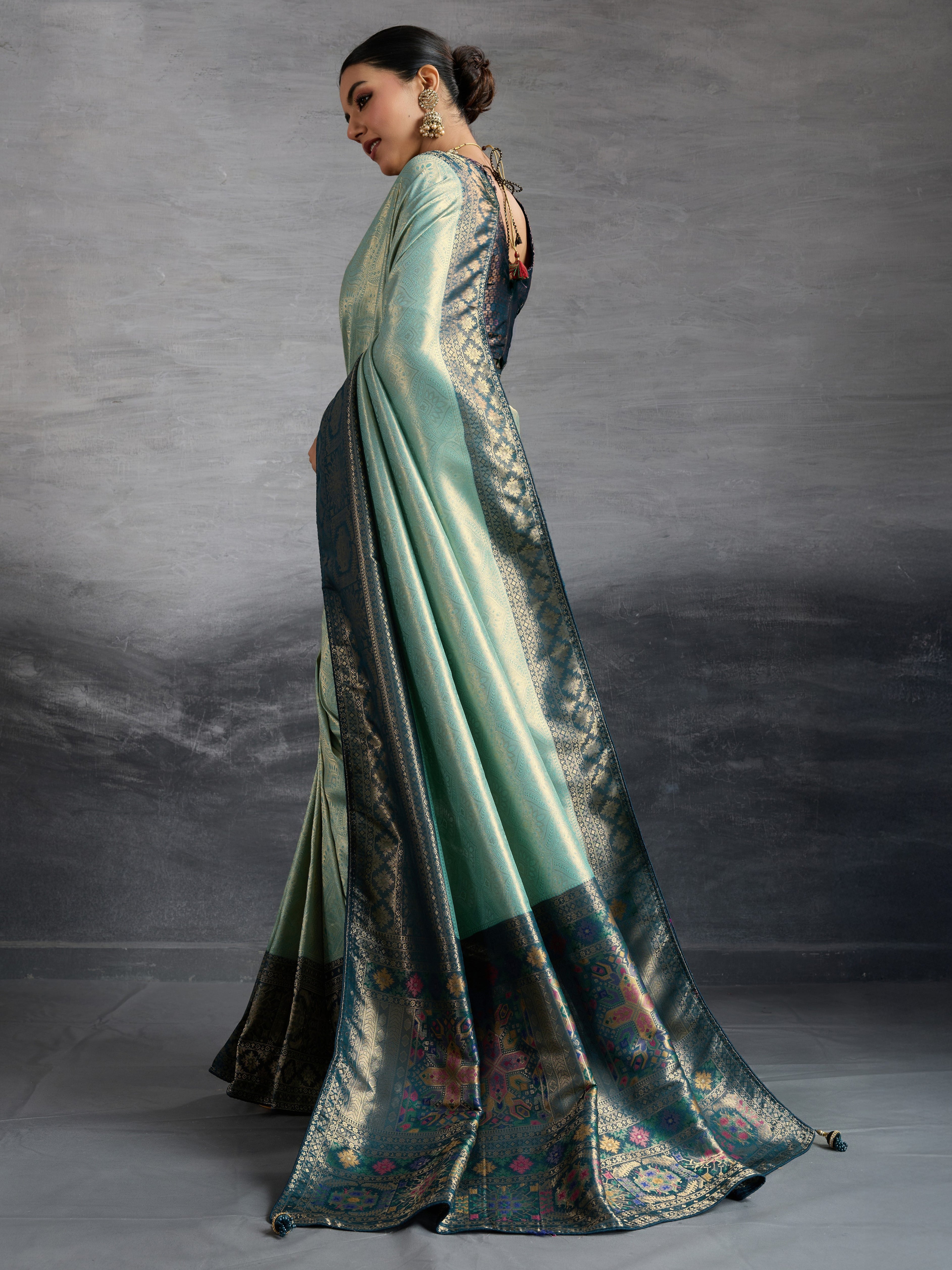 Sea Green Kanjivaram Soft Silk Saree with Zari Patta and Meenakari Pallu