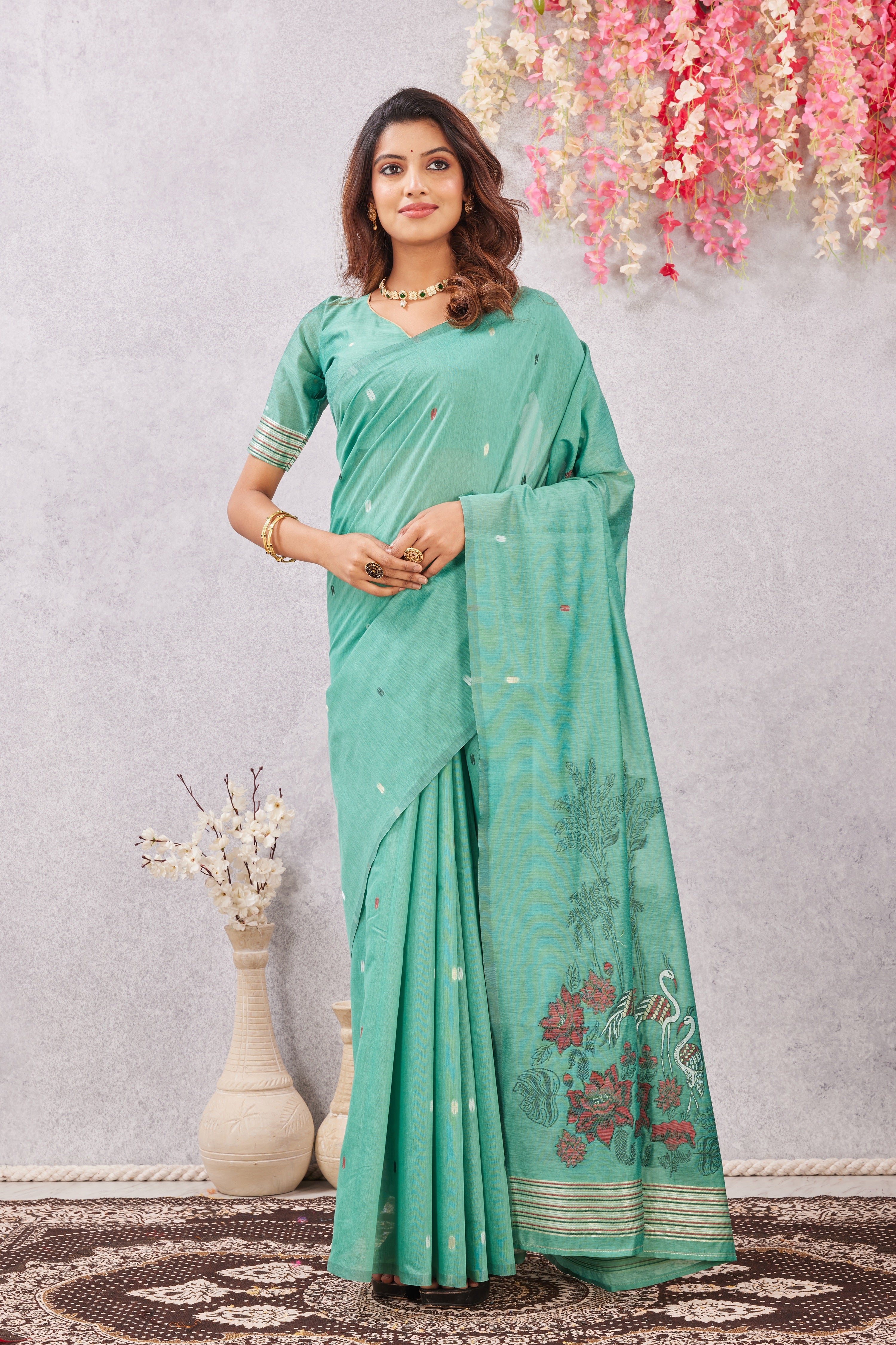 Sea Green Linen Cotton Saree with Ethnic Motif Design & Rich Jacquard Pallu