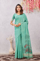 Sea Green Linen Cotton Saree with Ethnic Motif Design & Rich Jacquard Pallu