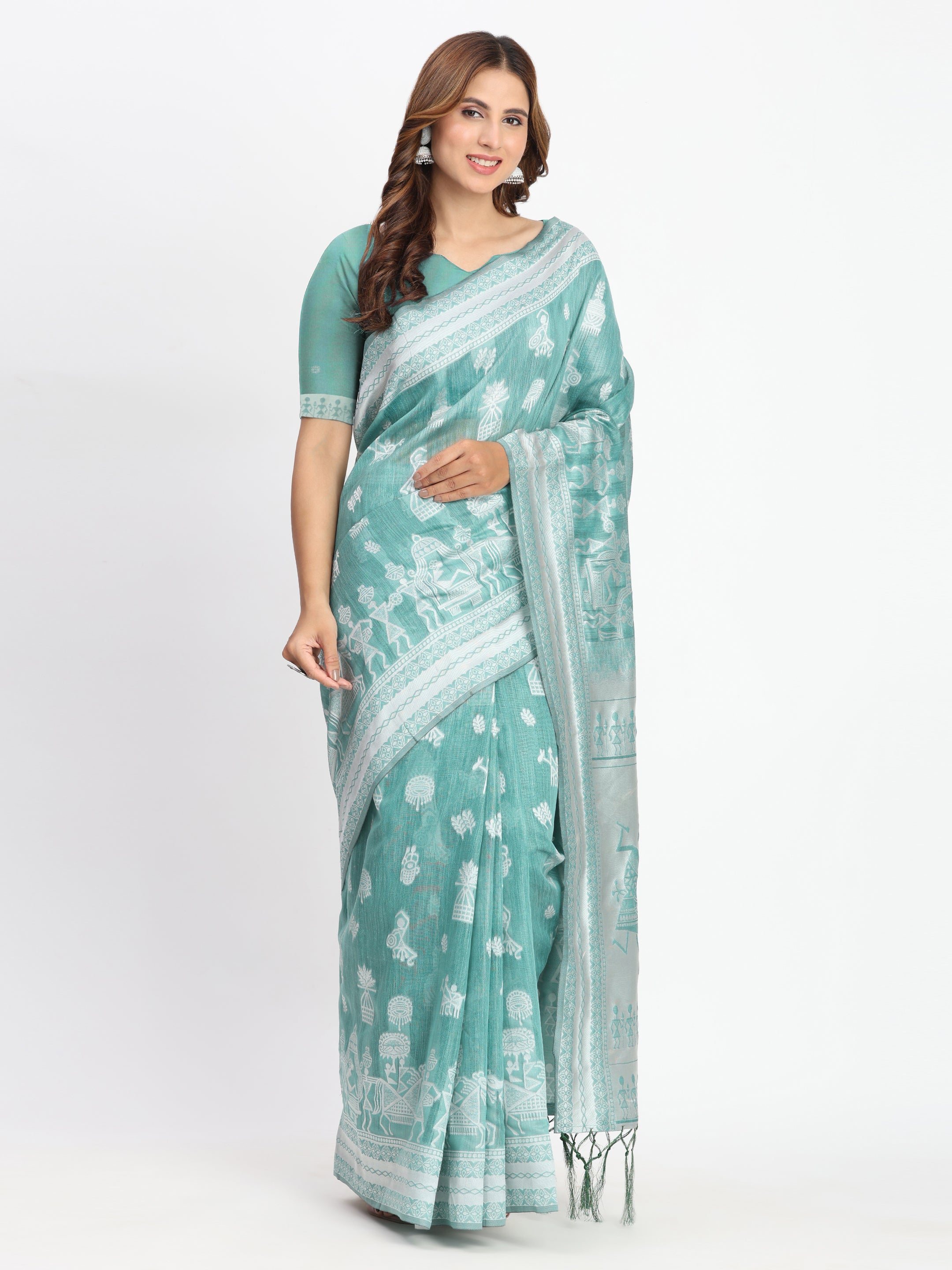 Sea Green Linen Cotton Woven Designer Graceful Ethnic Saree