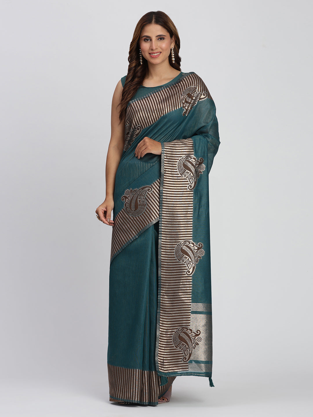 Sea Green Linen Cotton Woven Galla Designer Traditional Partywear Saree