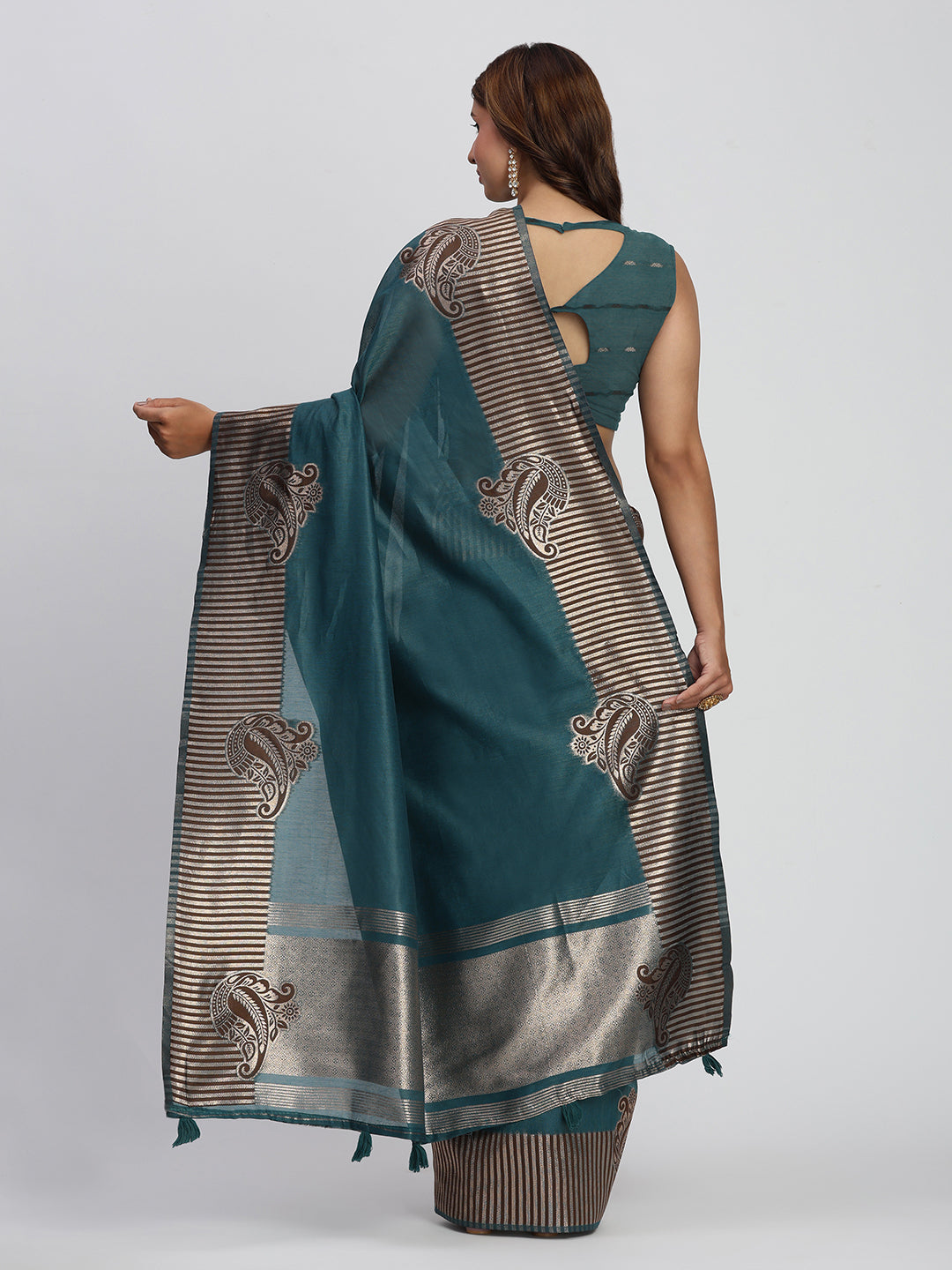 Sea Green Linen Cotton Woven Galla Designer Traditional Partywear Saree