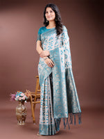 Sea Green Linen Cotton Woven Jacquard Designer Beautiful Festive Saree