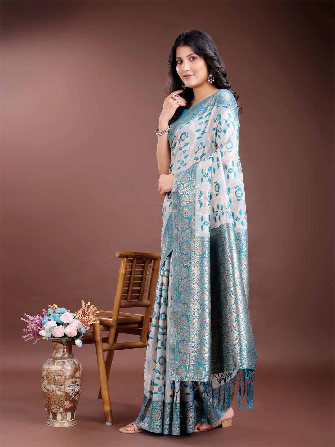 Sea Green Linen Cotton Woven Jacquard Designer Beautiful Festive Saree