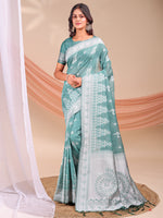 Sea Green Linen Cotton Woven Jacquard Designer Beautiful Partywear Saree