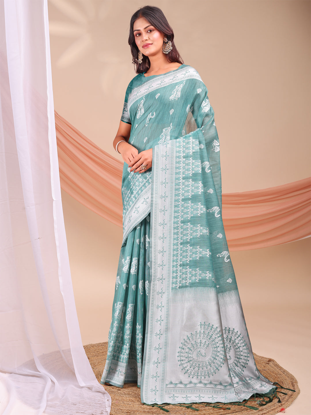 Sea Green Linen Cotton Woven Jacquard Designer Beautiful Partywear Saree