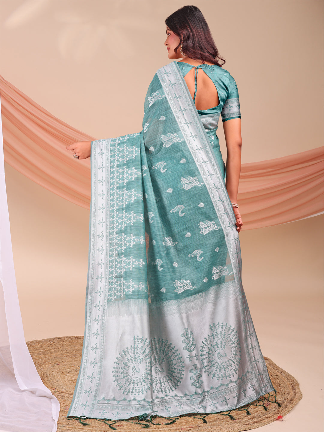 Sea Green Linen Cotton Woven Jacquard Designer Beautiful Partywear Saree