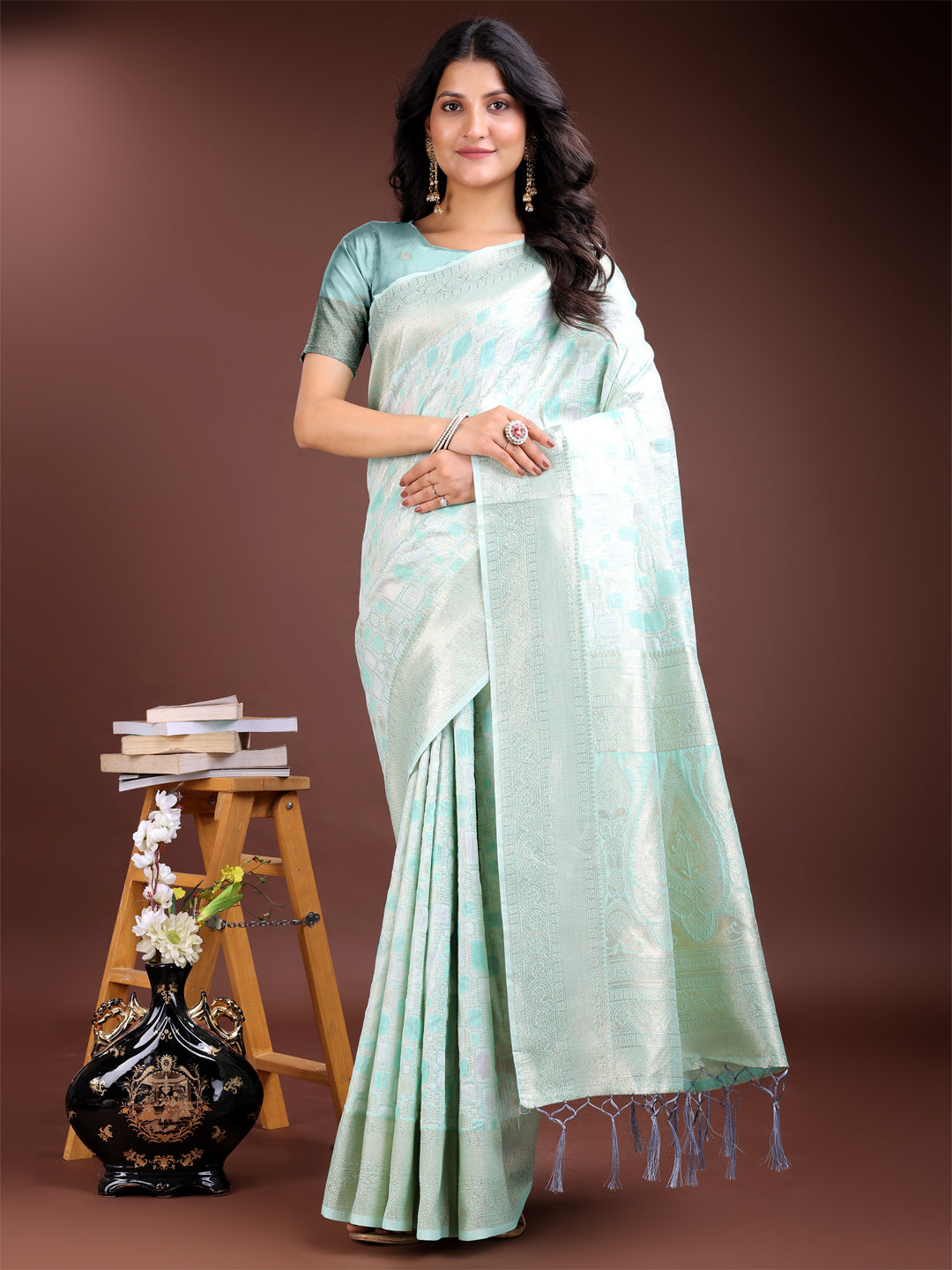 Sea Green Linen Cotton Woven Jacquard Designer Ehtnic Partywear Girlie Looks Saree