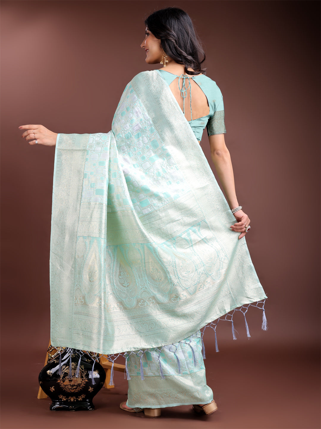 Sea Green Linen Cotton Woven Jacquard Designer Ehtnic Partywear Girlie Looks Saree
