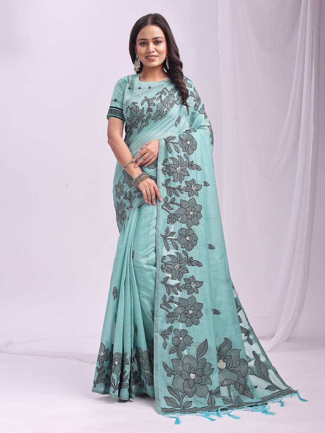 Sea Green Linen Cotton Woven Thread Designer Festive Sophisticated Saree