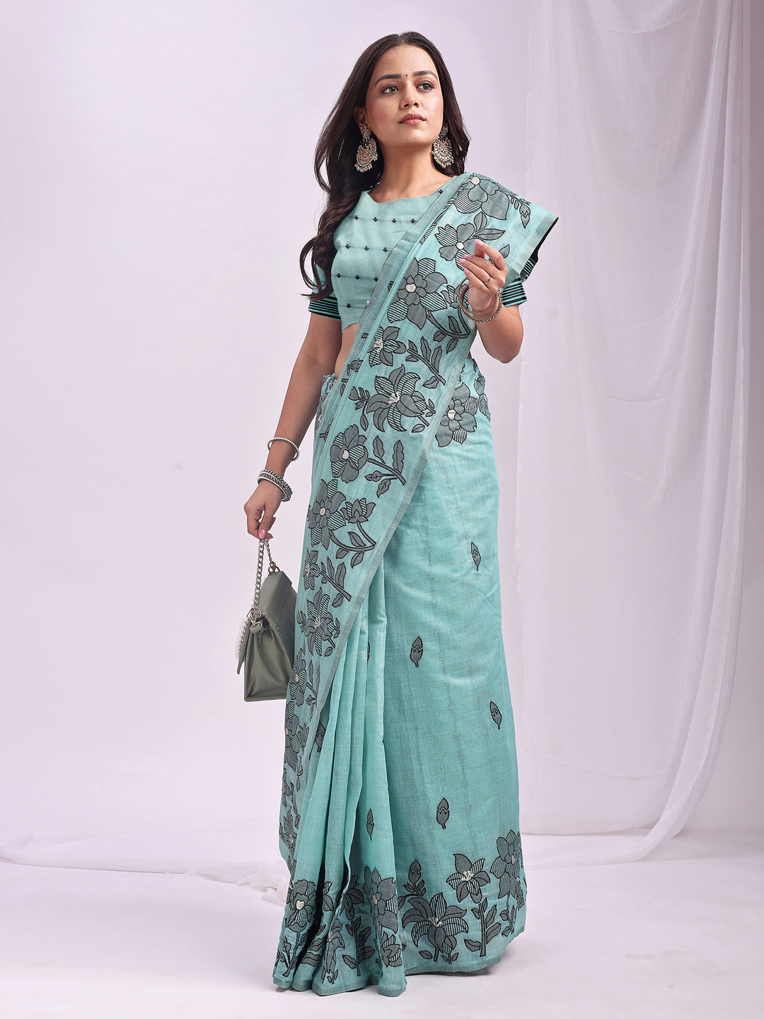 Sea Green Linen Cotton Woven Thread Designer Festive Sophisticated Saree