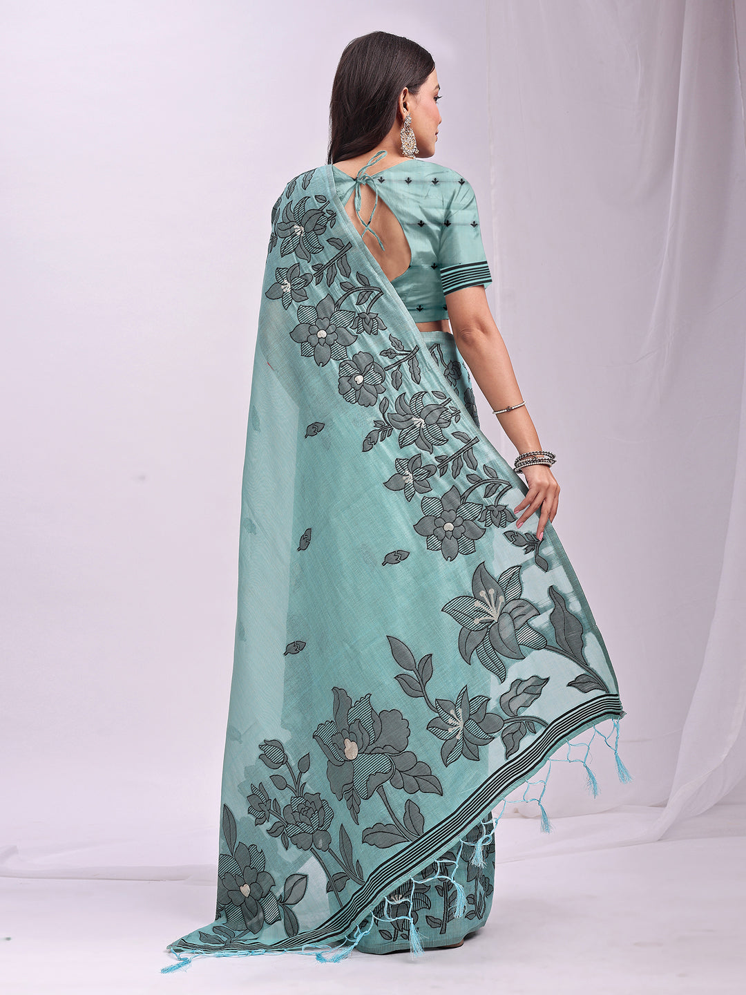 Sea Green Linen Cotton Woven Thread Designer Festive Sophisticated Saree