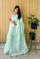 Sea Green Linen Partywear Woven Saree For Sophisticated Rich Looks