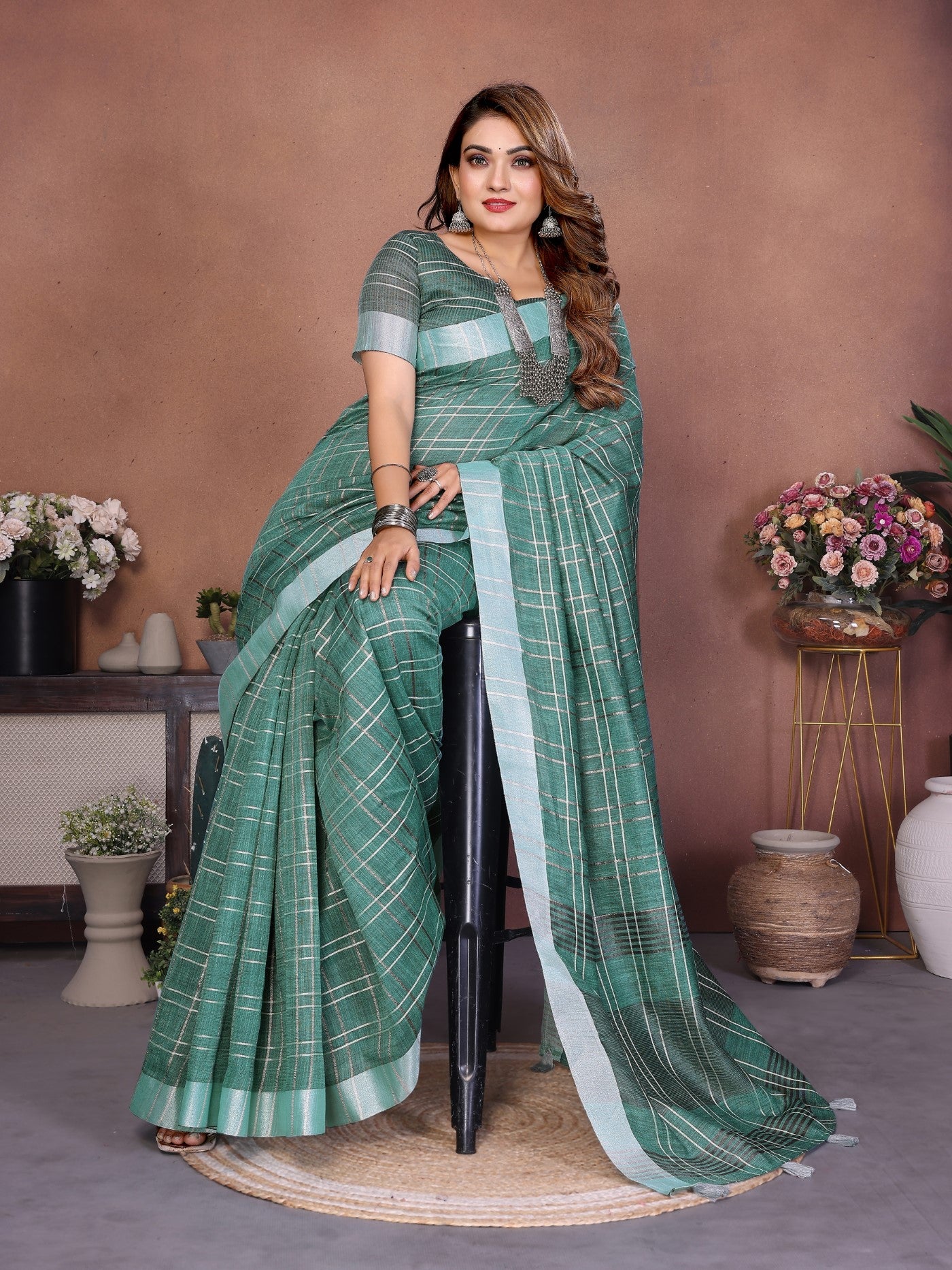 Sea Green Linen Saree With Traditional Weaving