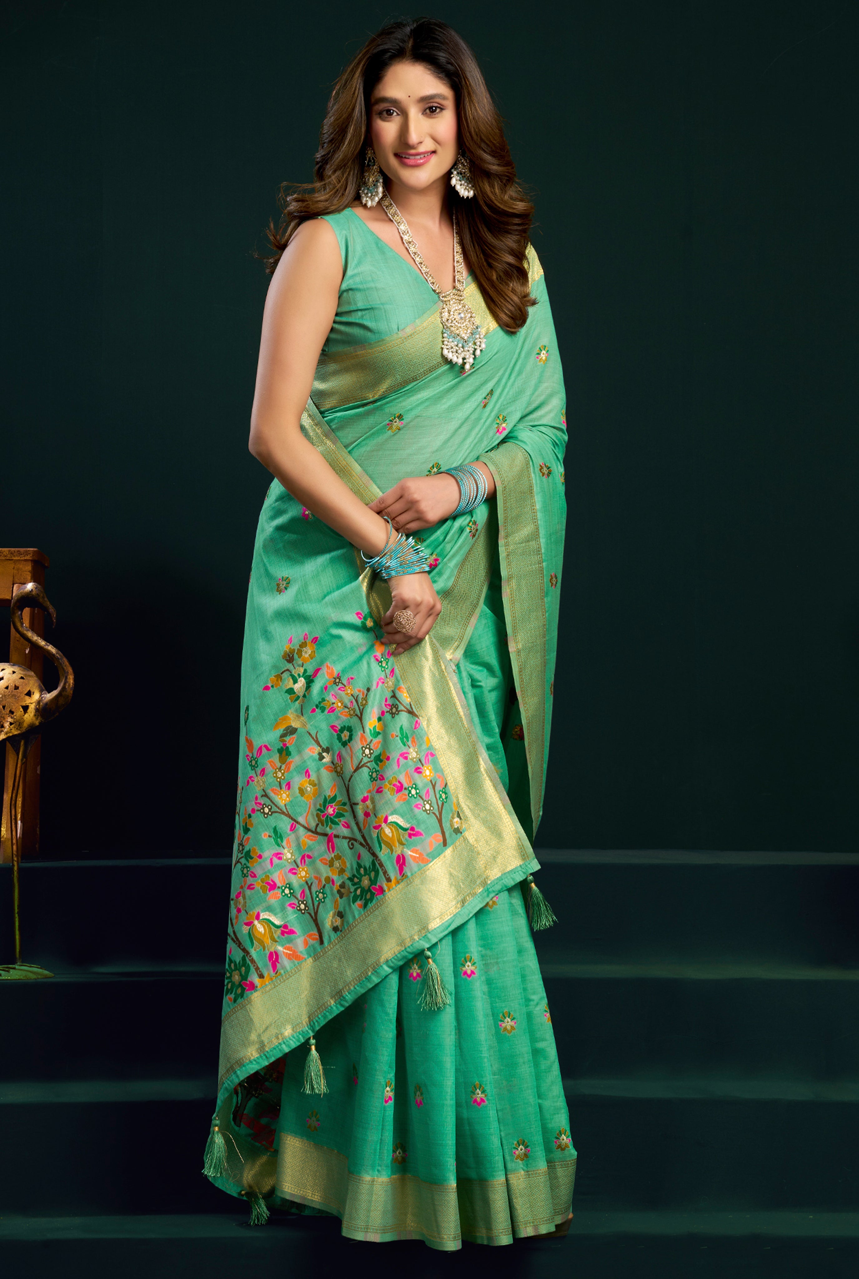 Sea Green Munga Cotton Saree with Mina Work & Cute Pom Pom Finish