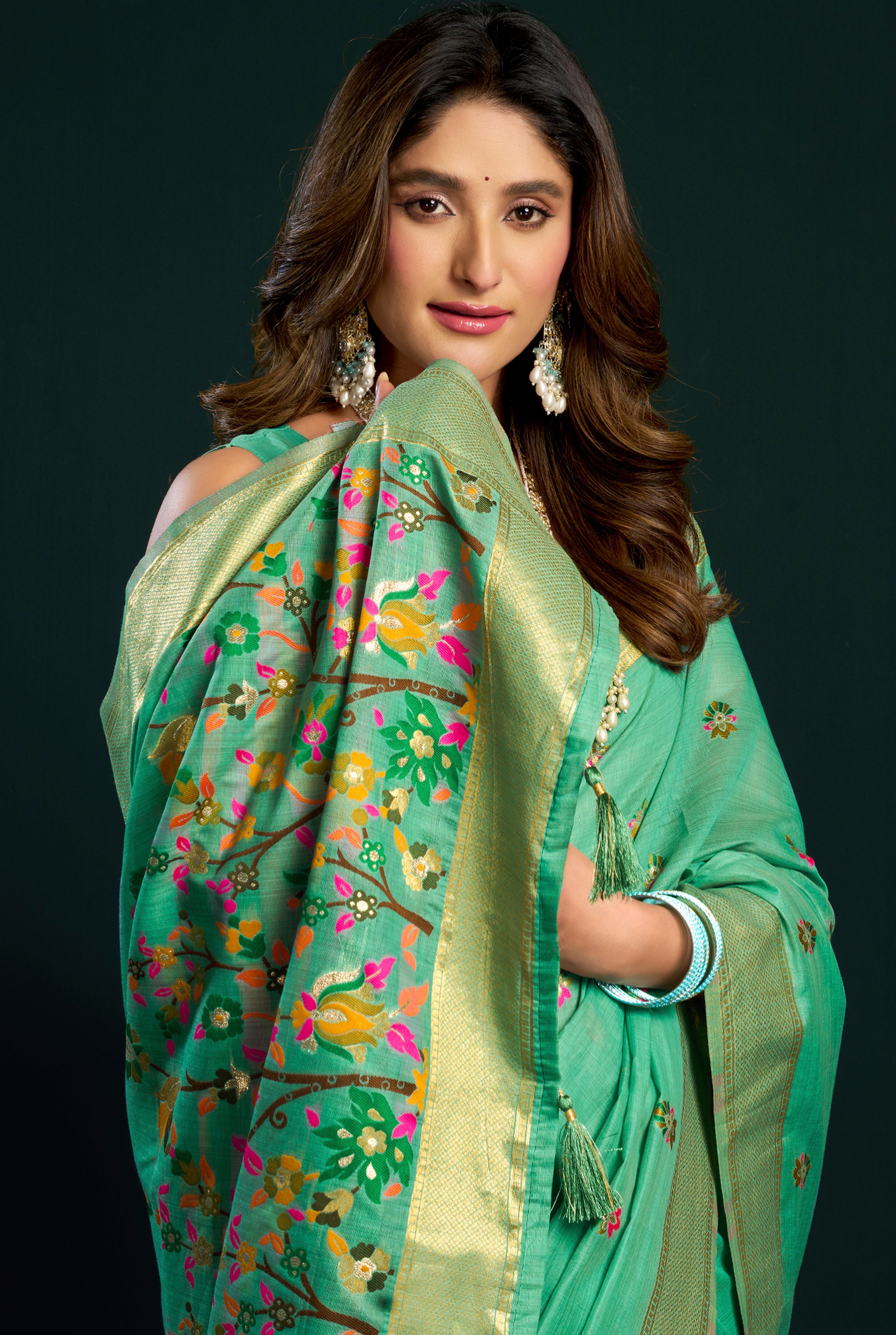 Sea Green Munga Cotton Saree with Mina Work & Cute Pom Pom Finish