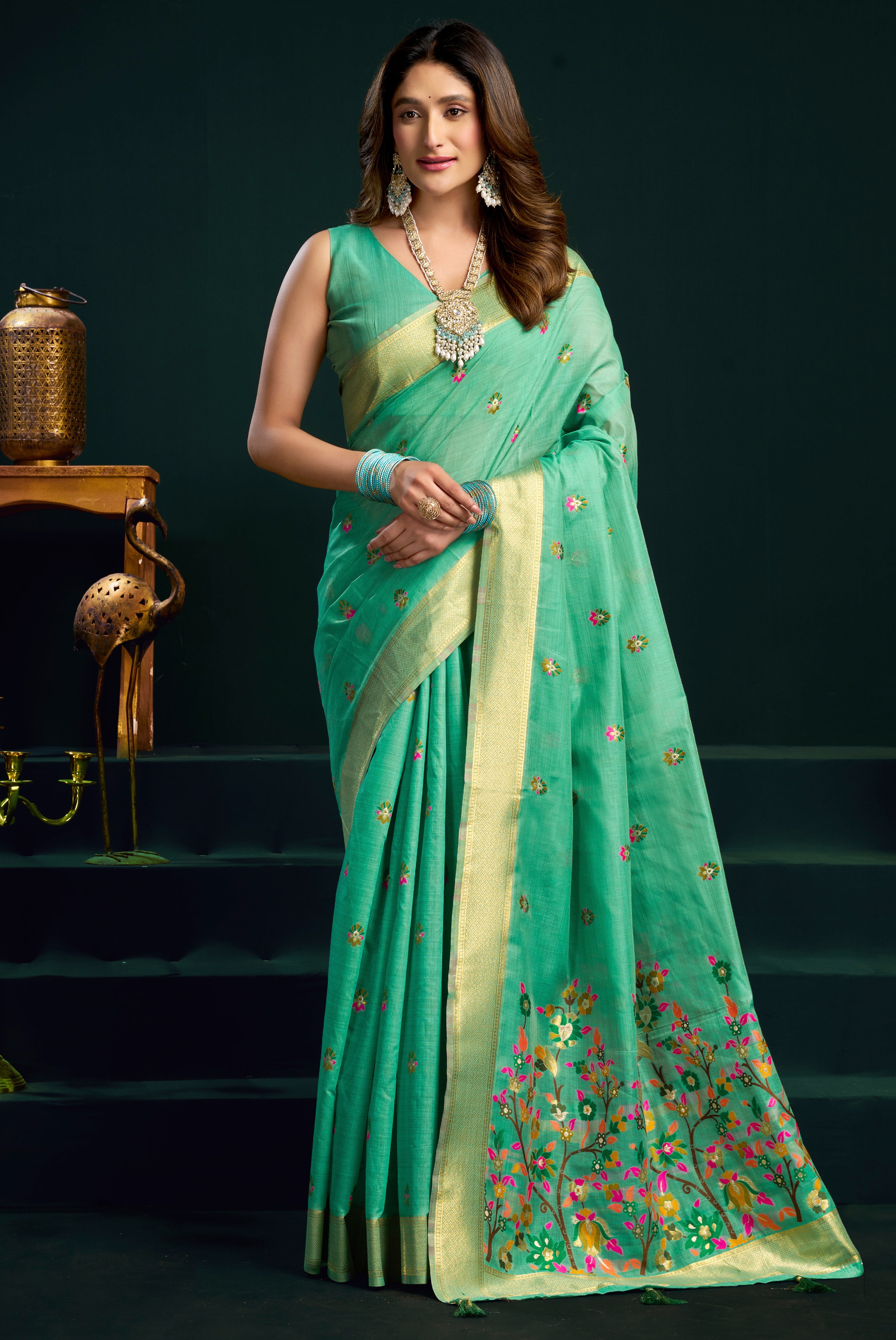 Sea Green Munga Cotton Saree with Mina Work & Cute Pom Pom Finish