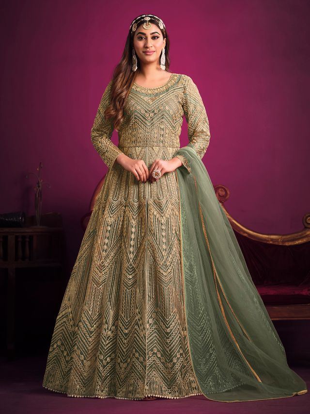 Sea Green Net Heavy Thread Embroidery, Zari With Sequins Work  Anarkali Suits