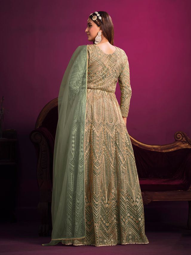 Sea Green Net Heavy Thread Embroidery, Zari With Sequins Work  Anarkali Suits