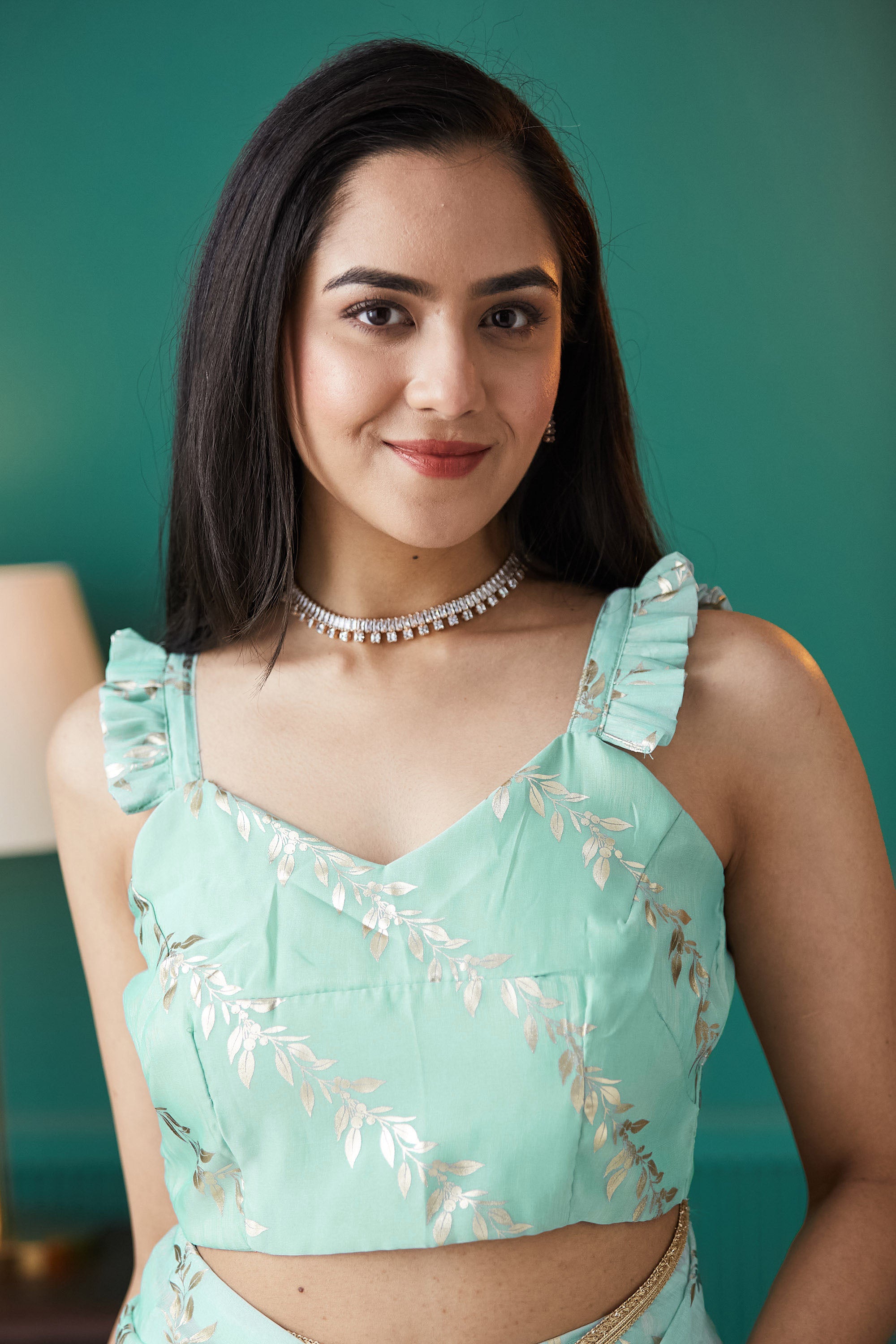 Sea Green Organza Designer Foil Printed Ready To Wear Saree