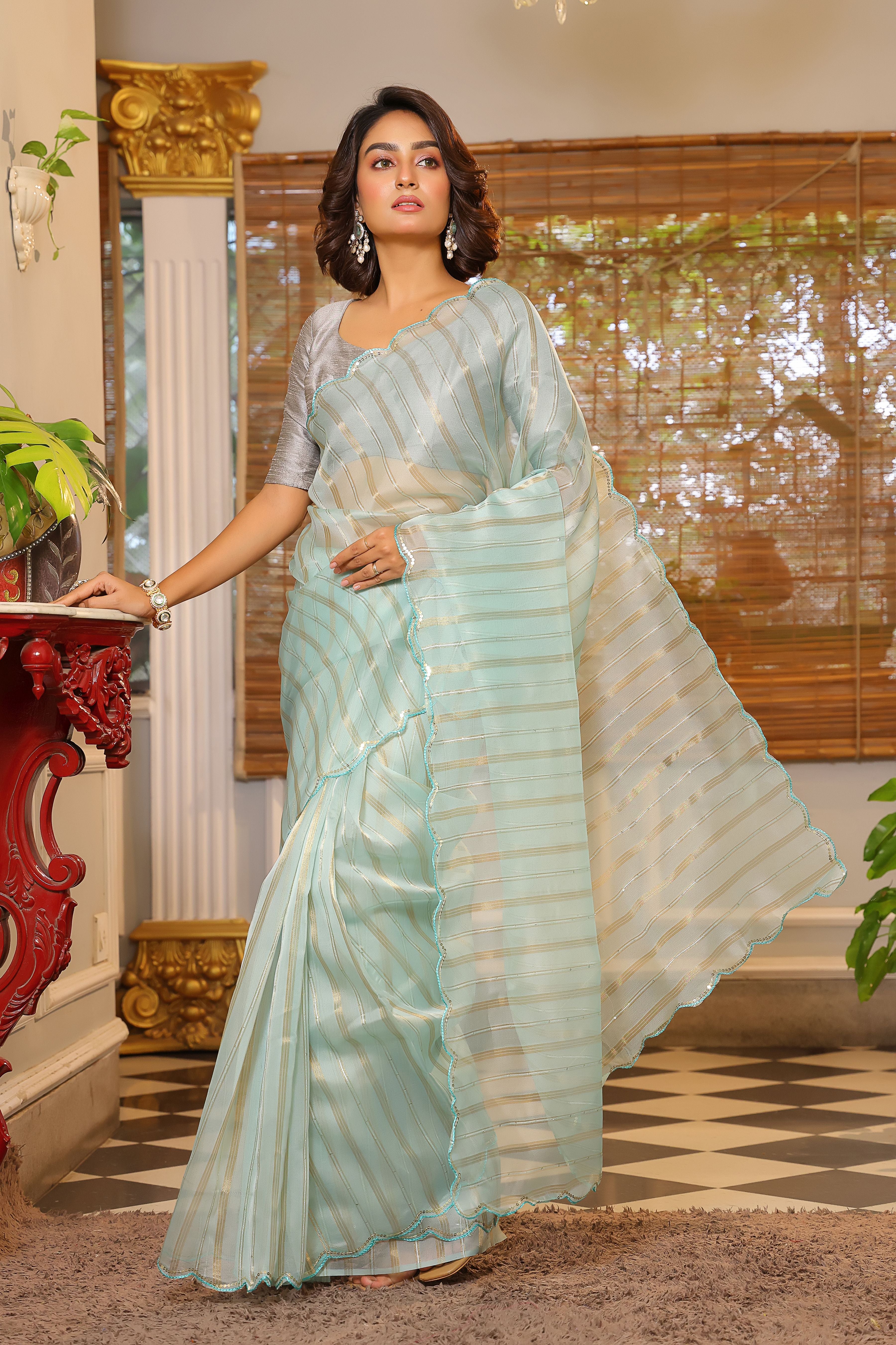 Sea Green Organza Partywear Sequins Work Arco Cut Work Saree
