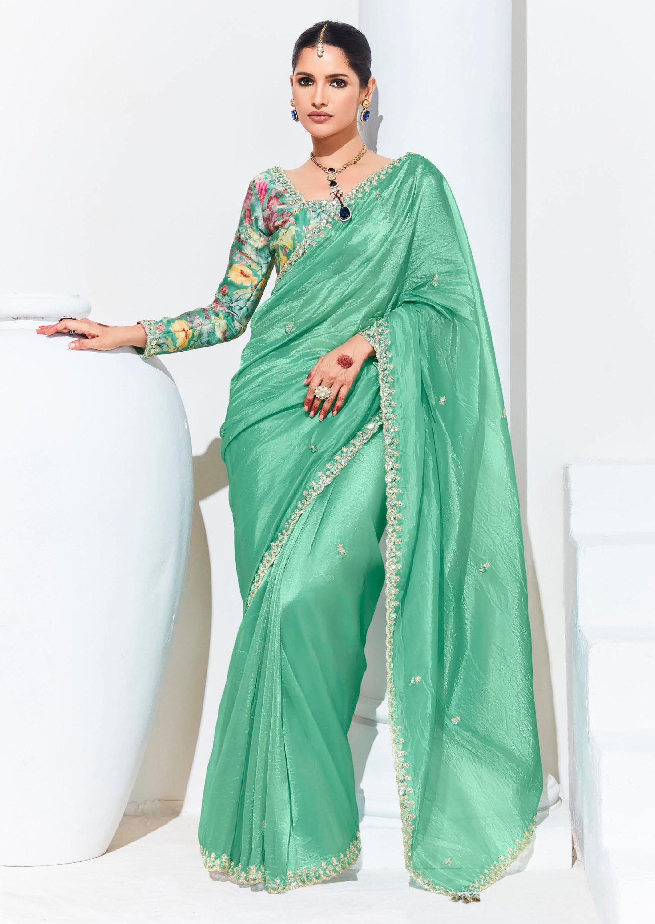 Sea Green Organza Saree With  Thread Embroidery with Printed Blouse
