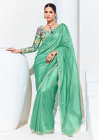 Sea Green Organza Saree With  Thread Embroidery with Printed Blouse