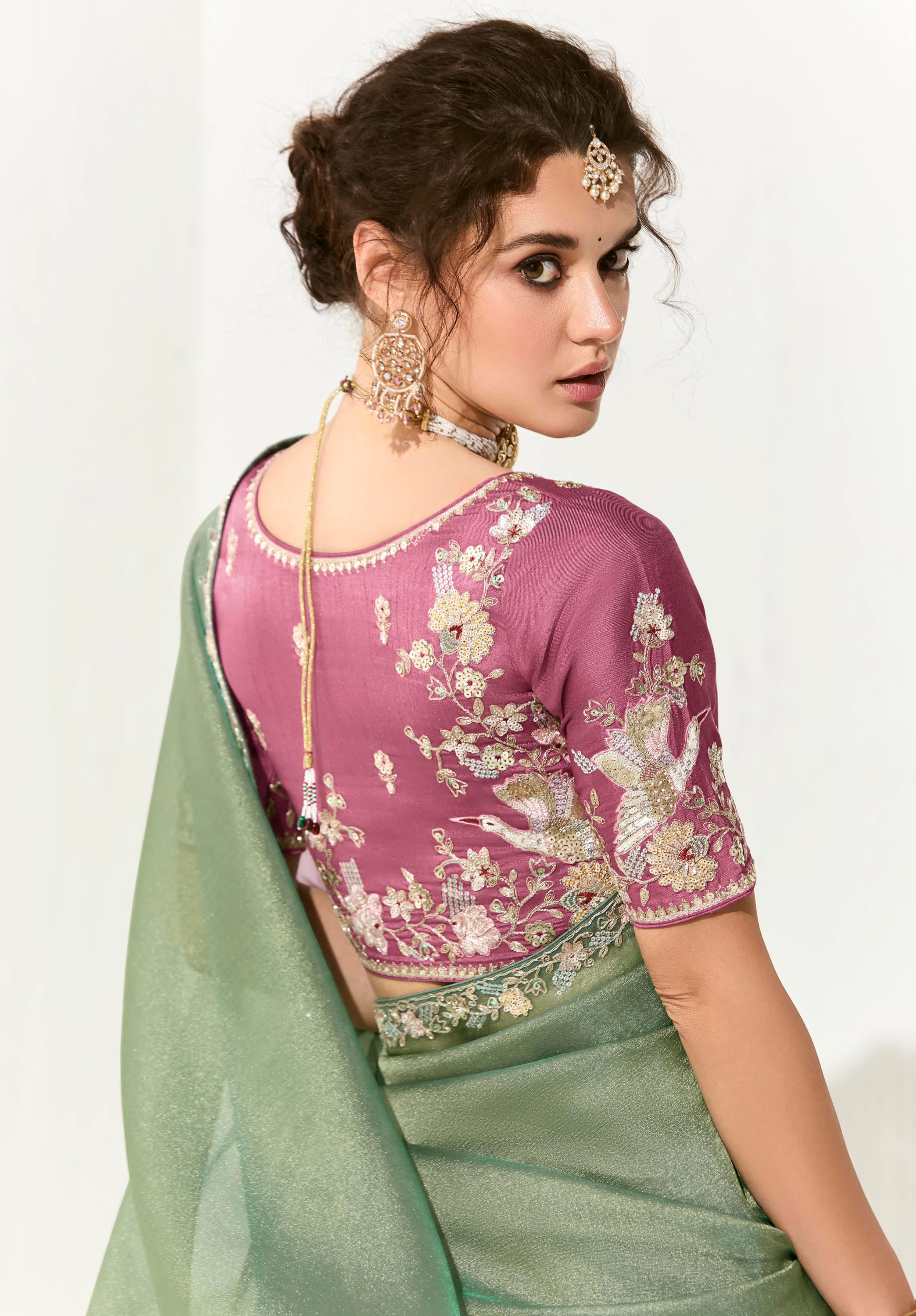 Sea Green Organza Tissue Saree With  Heavy Work Border With Embroidered Blouse
