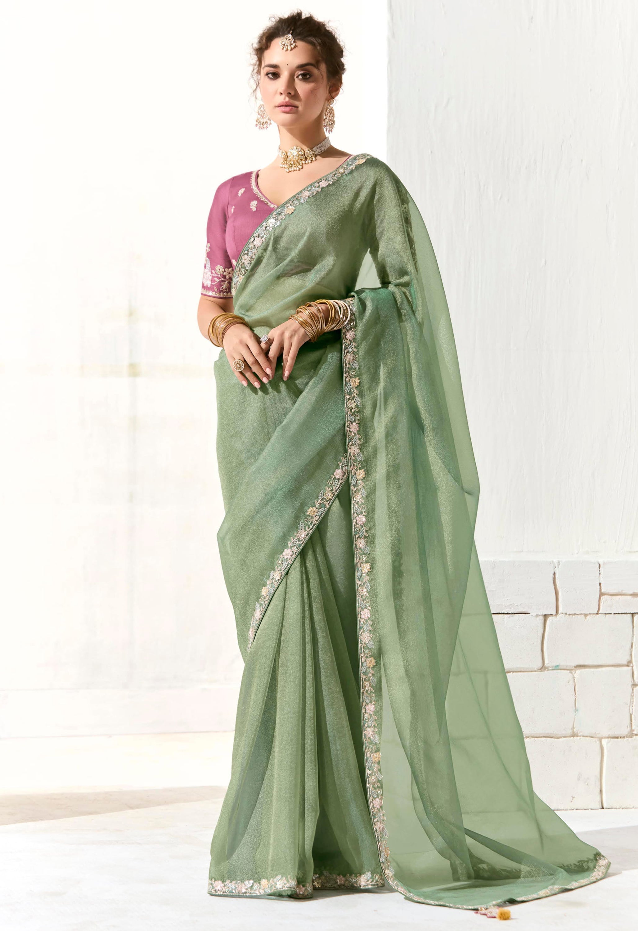 Sea Green Organza Tissue Saree With  Heavy Work Border With Embroidered Blouse