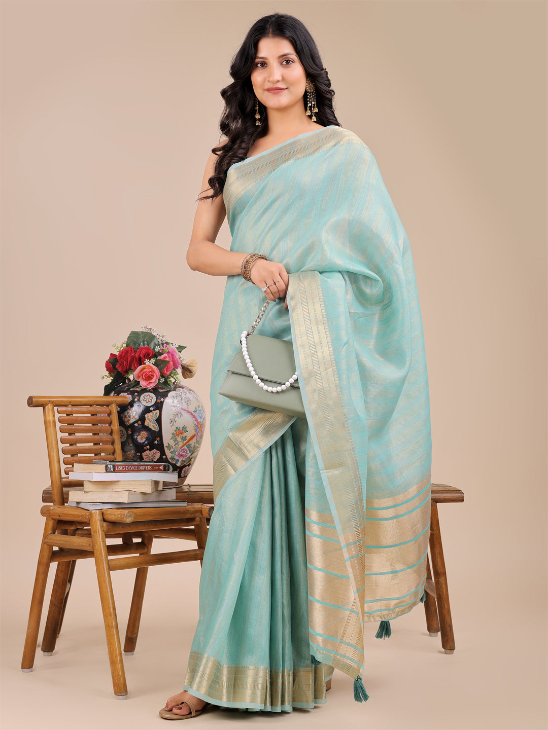 Sea Green Organza Woven Designer Traditonal Wear Saree
