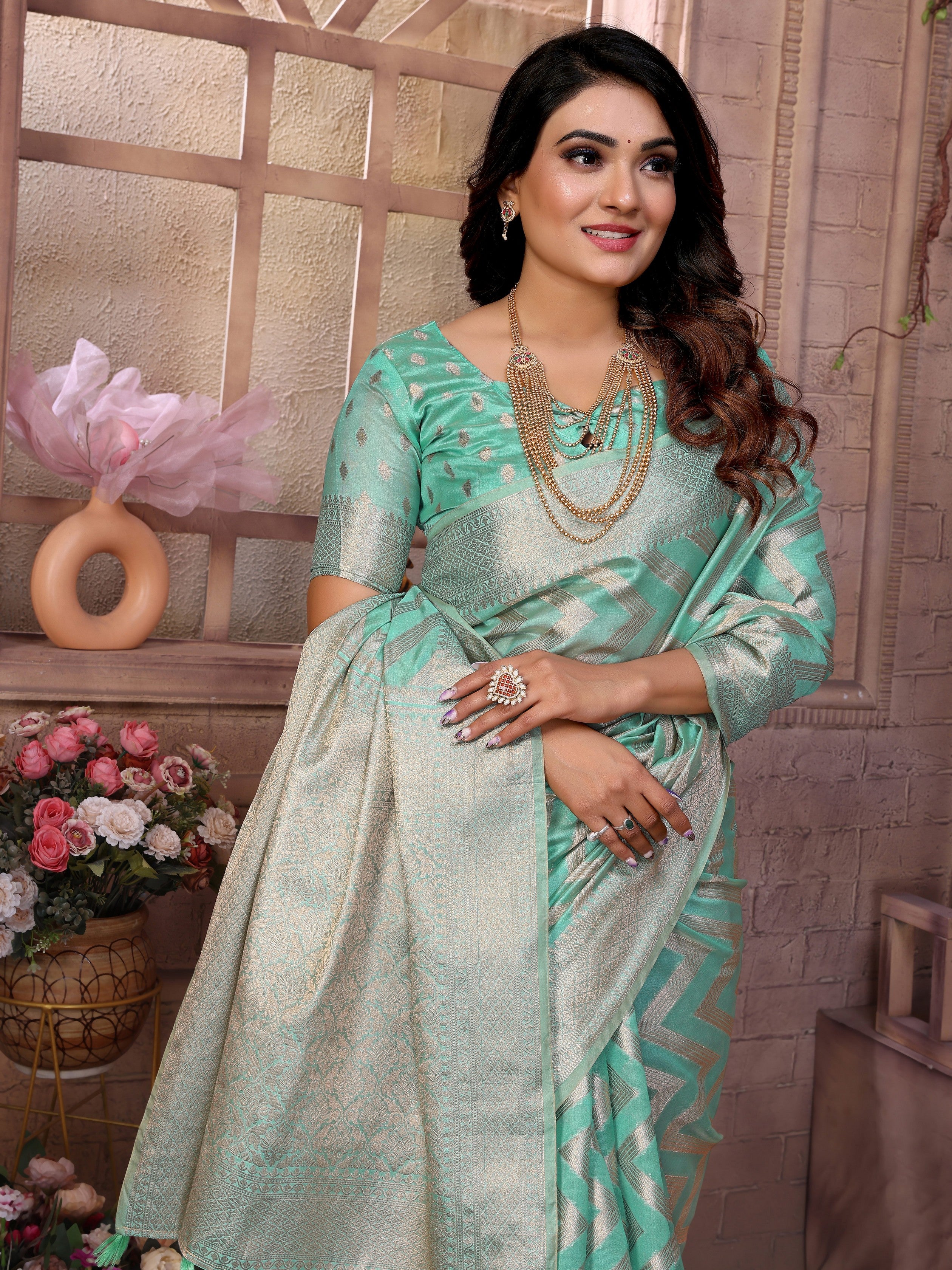 Sea Green Organza Woven Jari Designer Heavy Ceremonial Saree
