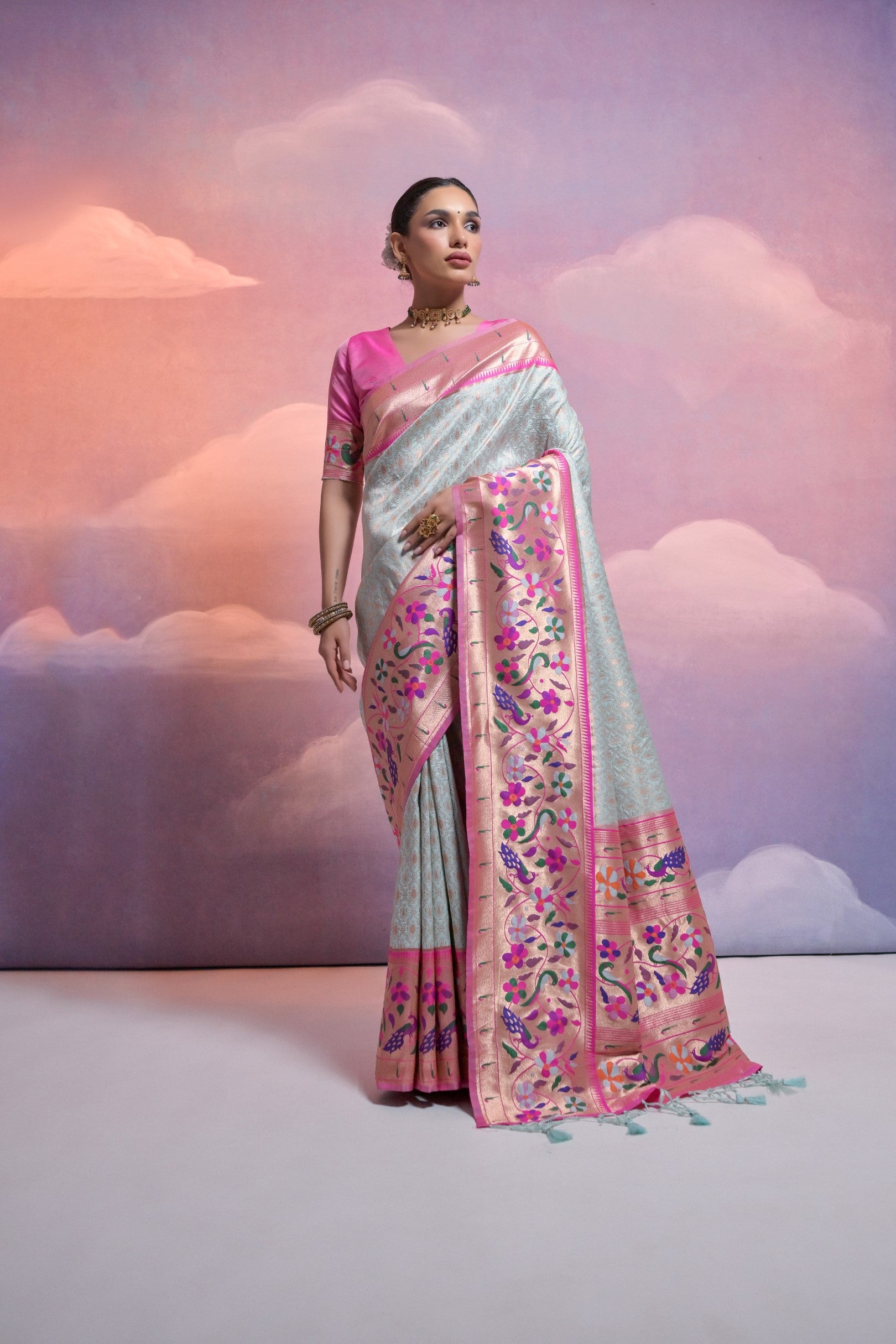 Sea Green Paithani Silk Saree with Meenakari Border and Zari Weaves
