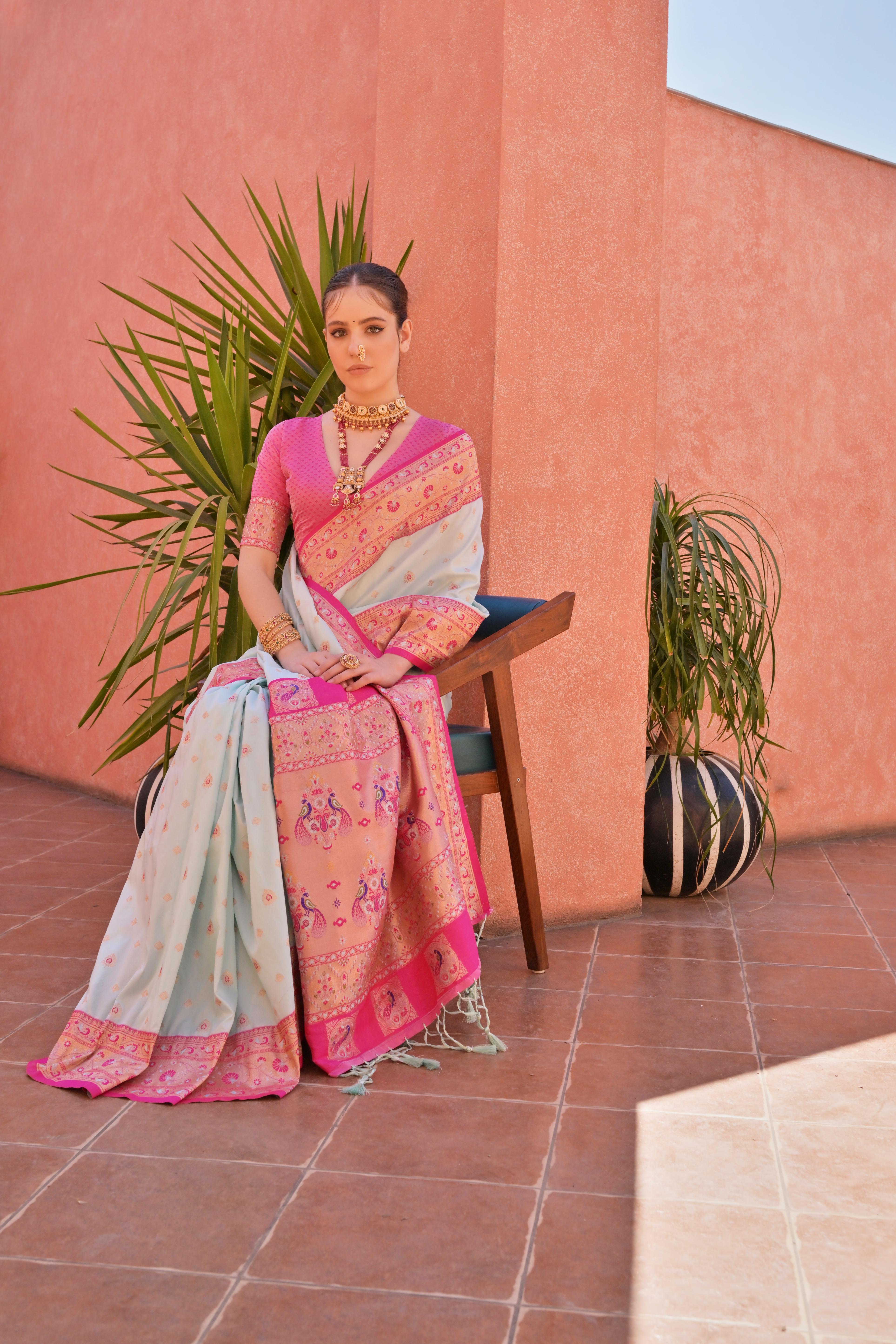 Sea Green Paithani Silk Saree with Paithani Pallu and Zari Butti
