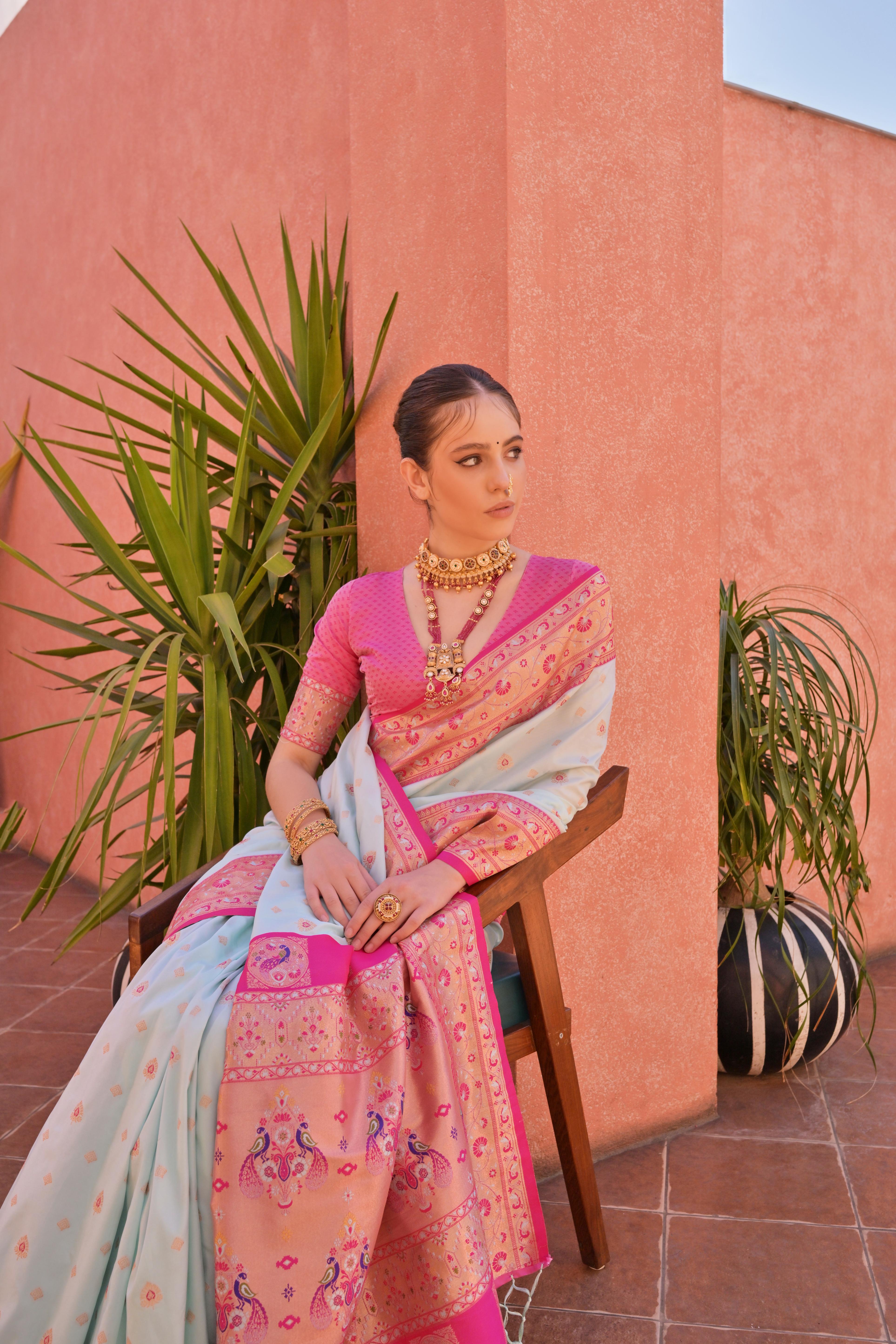Sea Green Paithani Silk Saree with Paithani Pallu and Zari Butti
