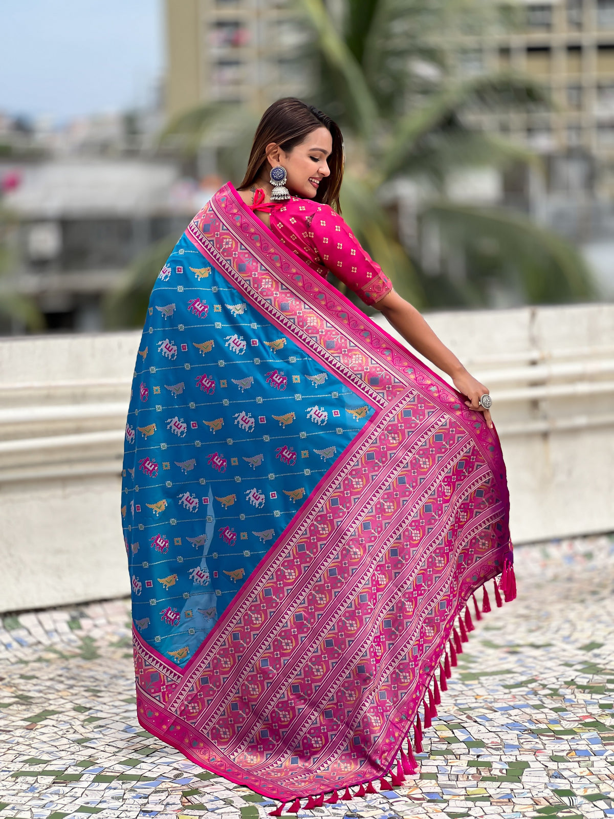 Sea Green Patola Silk Saree With Woven Meenakari Ikkat Designer For Festive Looks