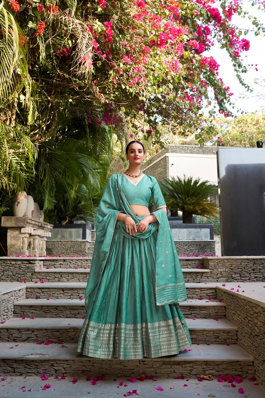 Sea Green Plain Chanderi Lehenga with Zari Weaving Finish