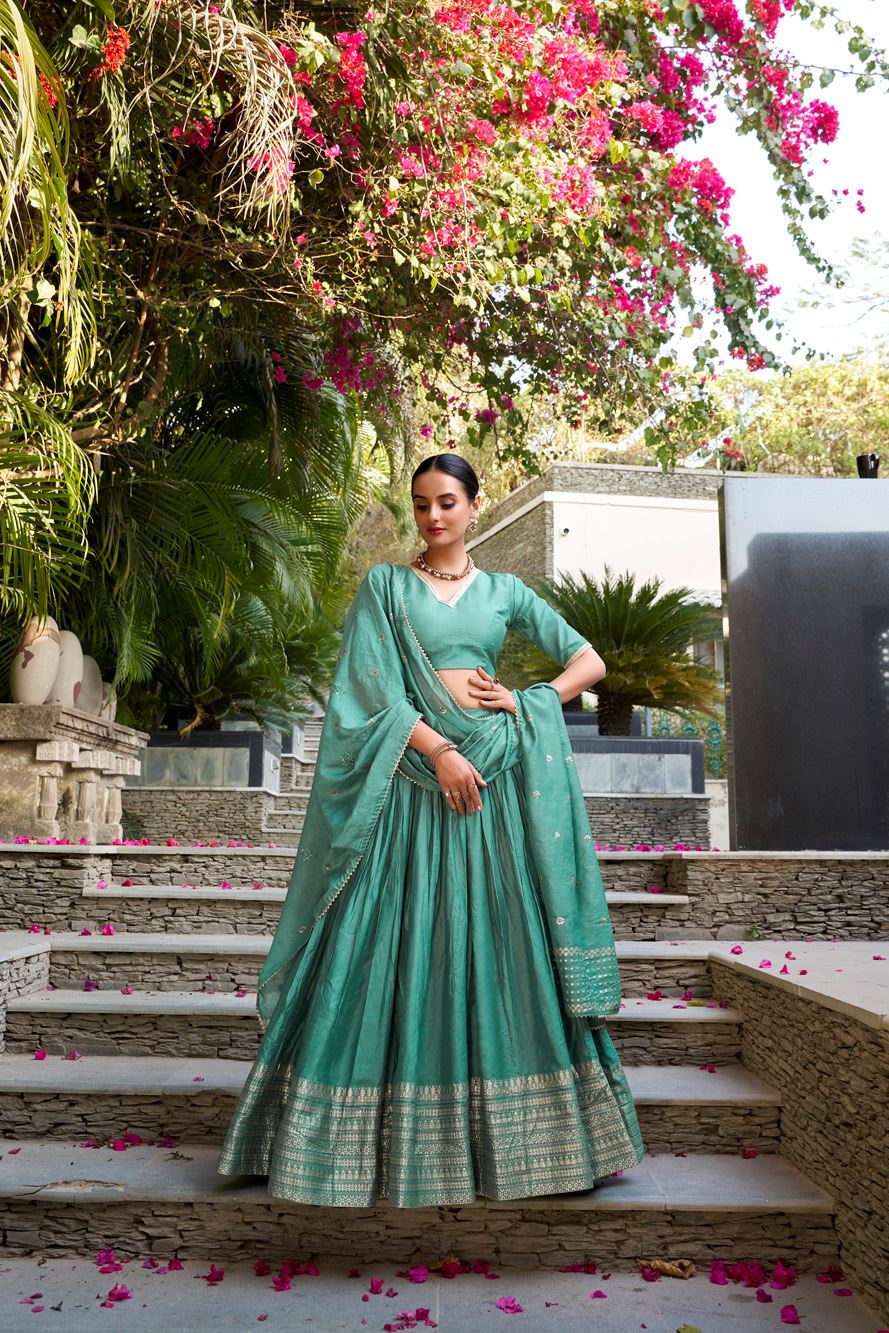 Sea Green Plain Chanderi Lehenga with Zari Weaving Finish