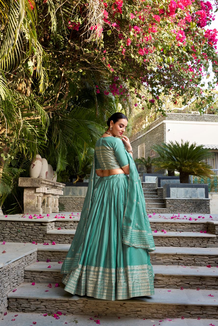 Sea Green Plain Chanderi Lehenga with Zari Weaving Finish