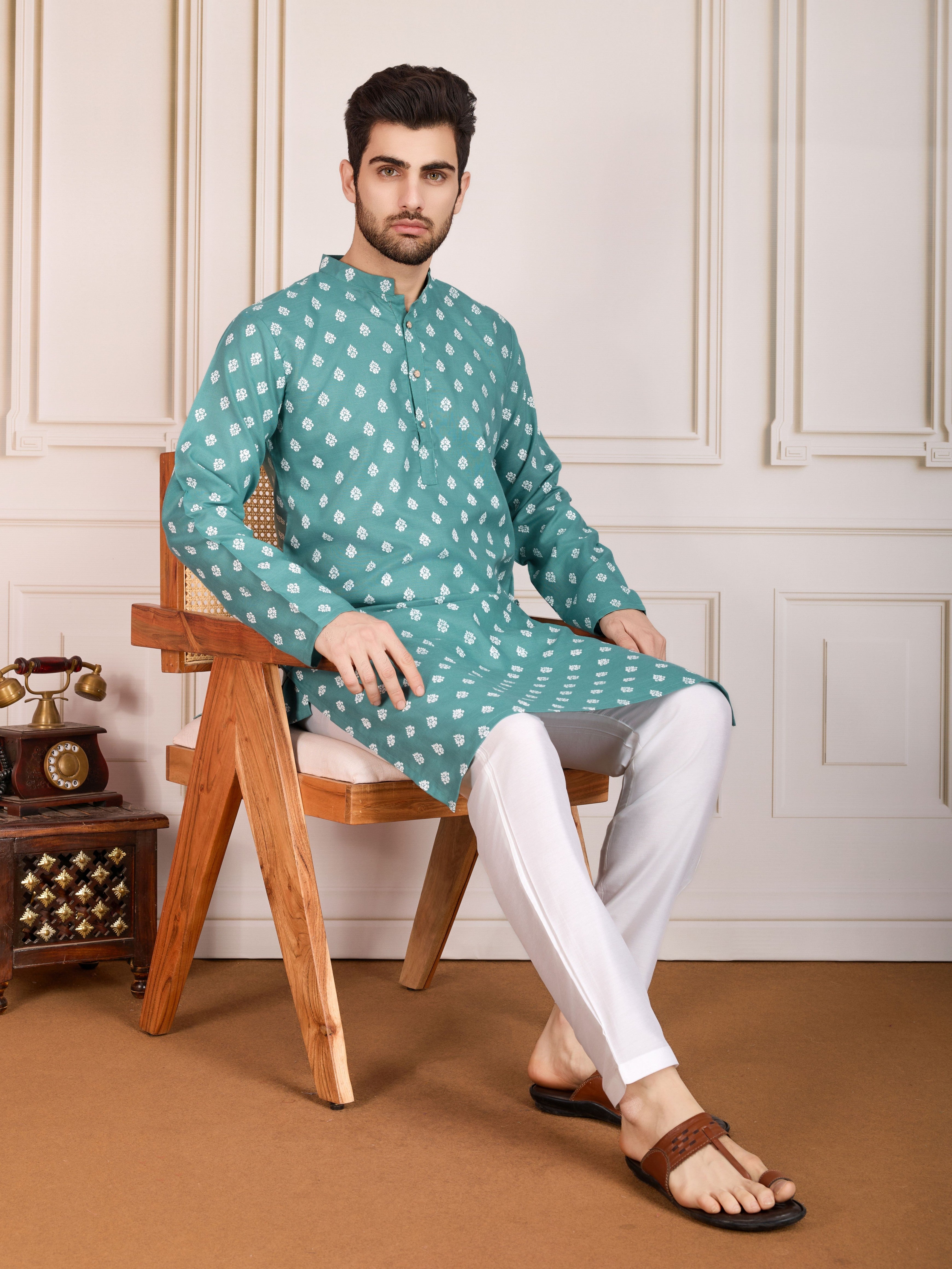 Sea Green Printed Cotton Stylish Kurta Pajama