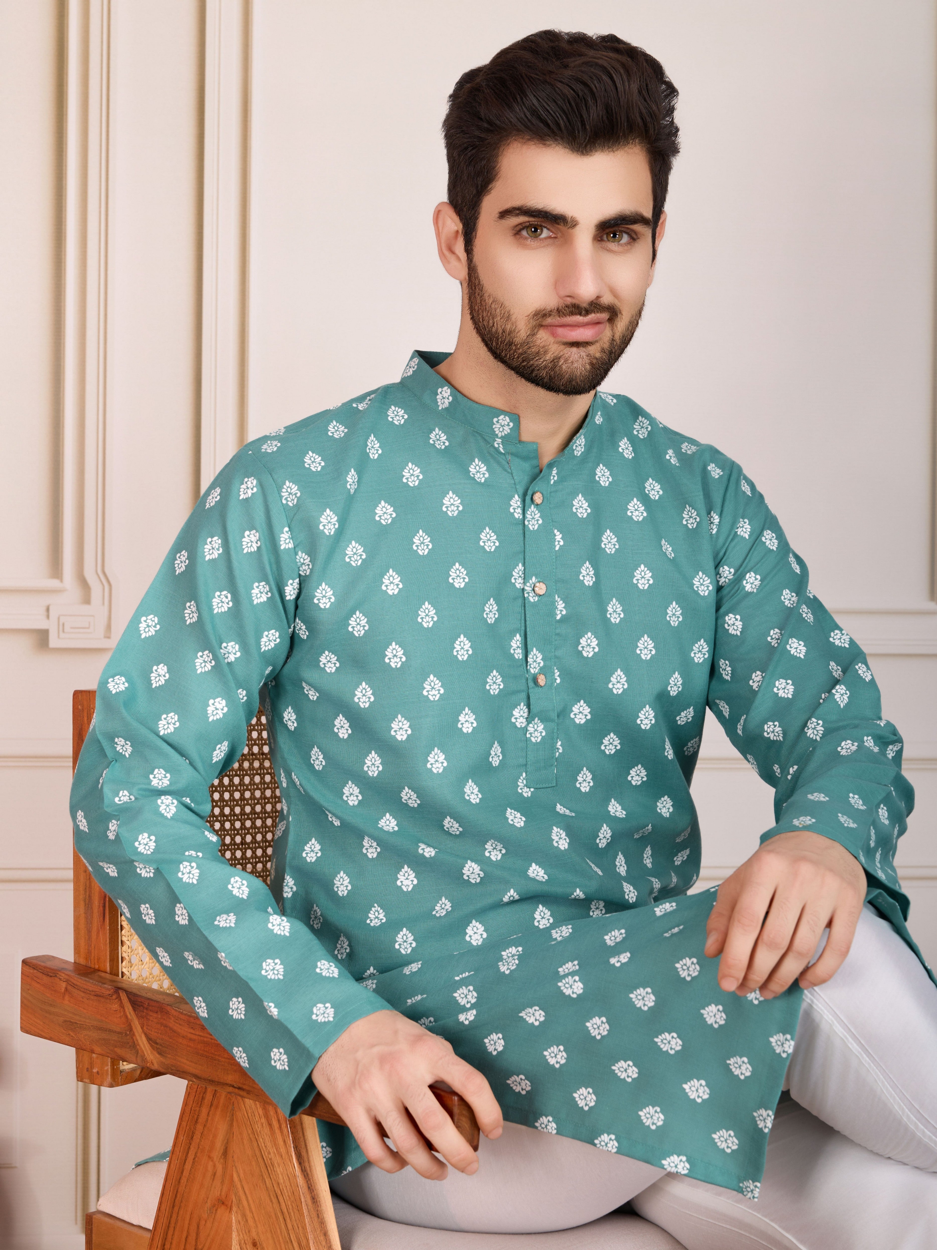 Sea Green Printed Cotton Stylish Kurta Pajama