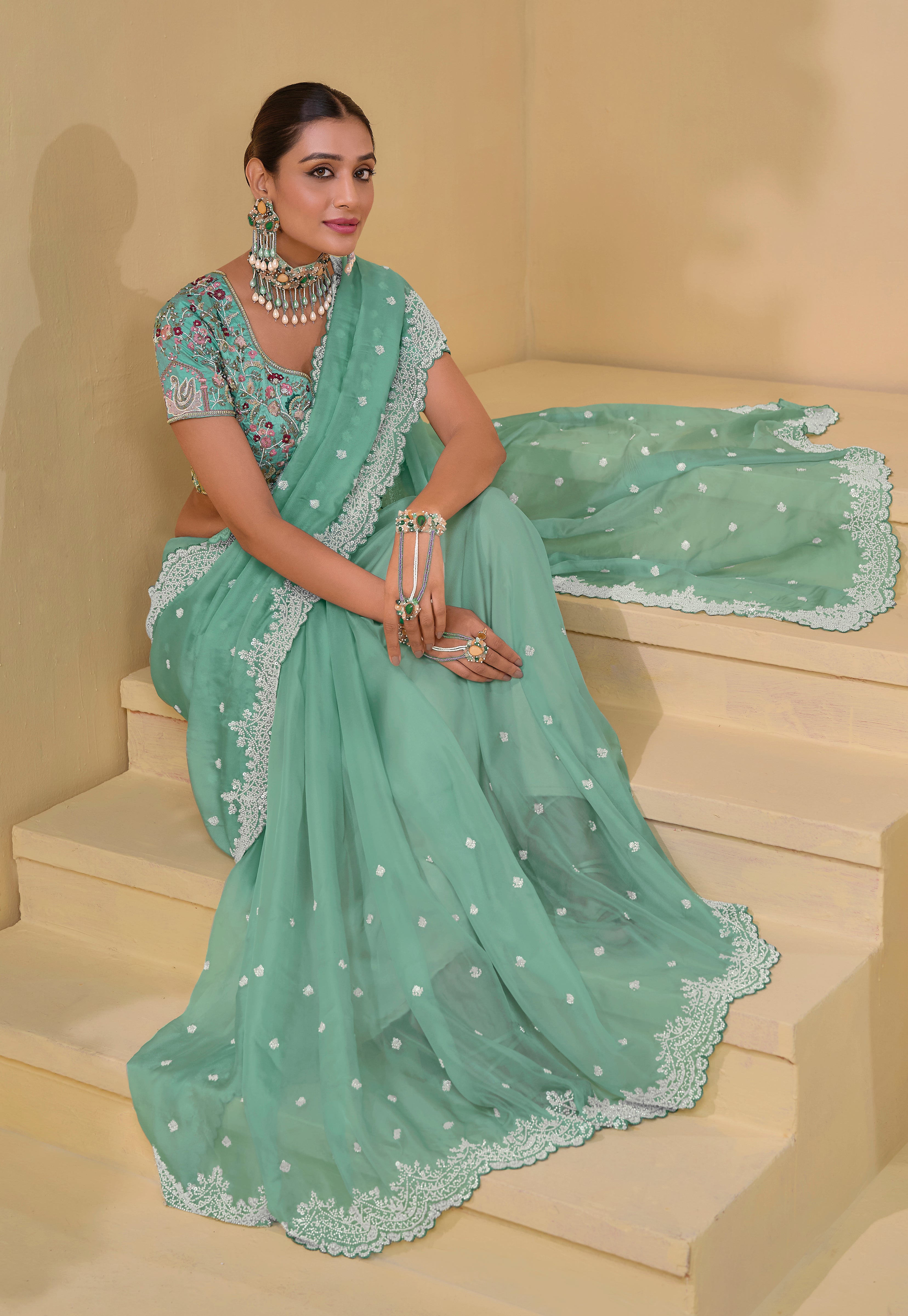Sea Green Pure Banarasi Tuscany Saree With Embroidery, Cut-Dana, Moti, With Sequins Work