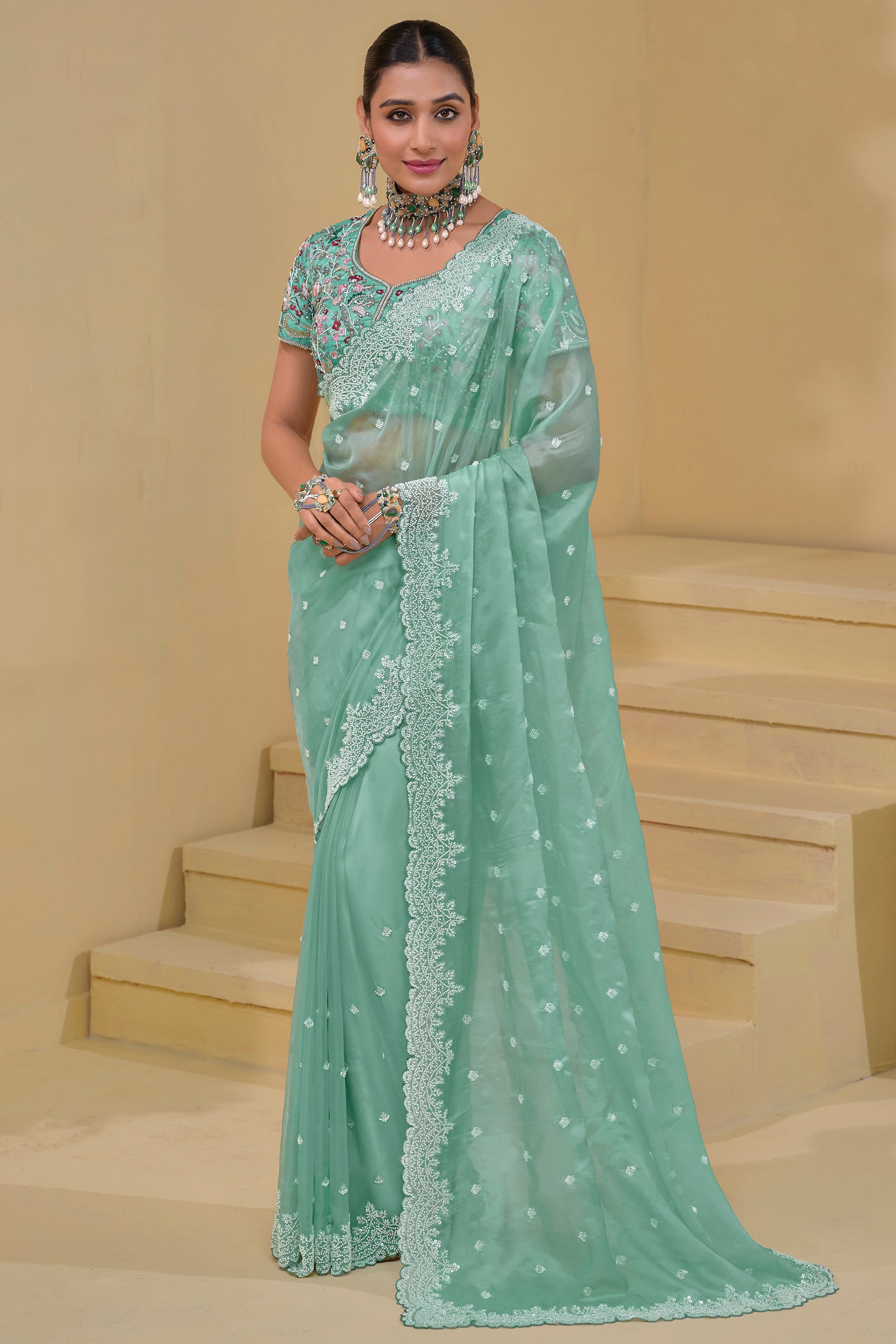 Sea Green Pure Banarasi Tuscany Saree With Embroidery, Cut-Dana, Moti, With Sequins Work