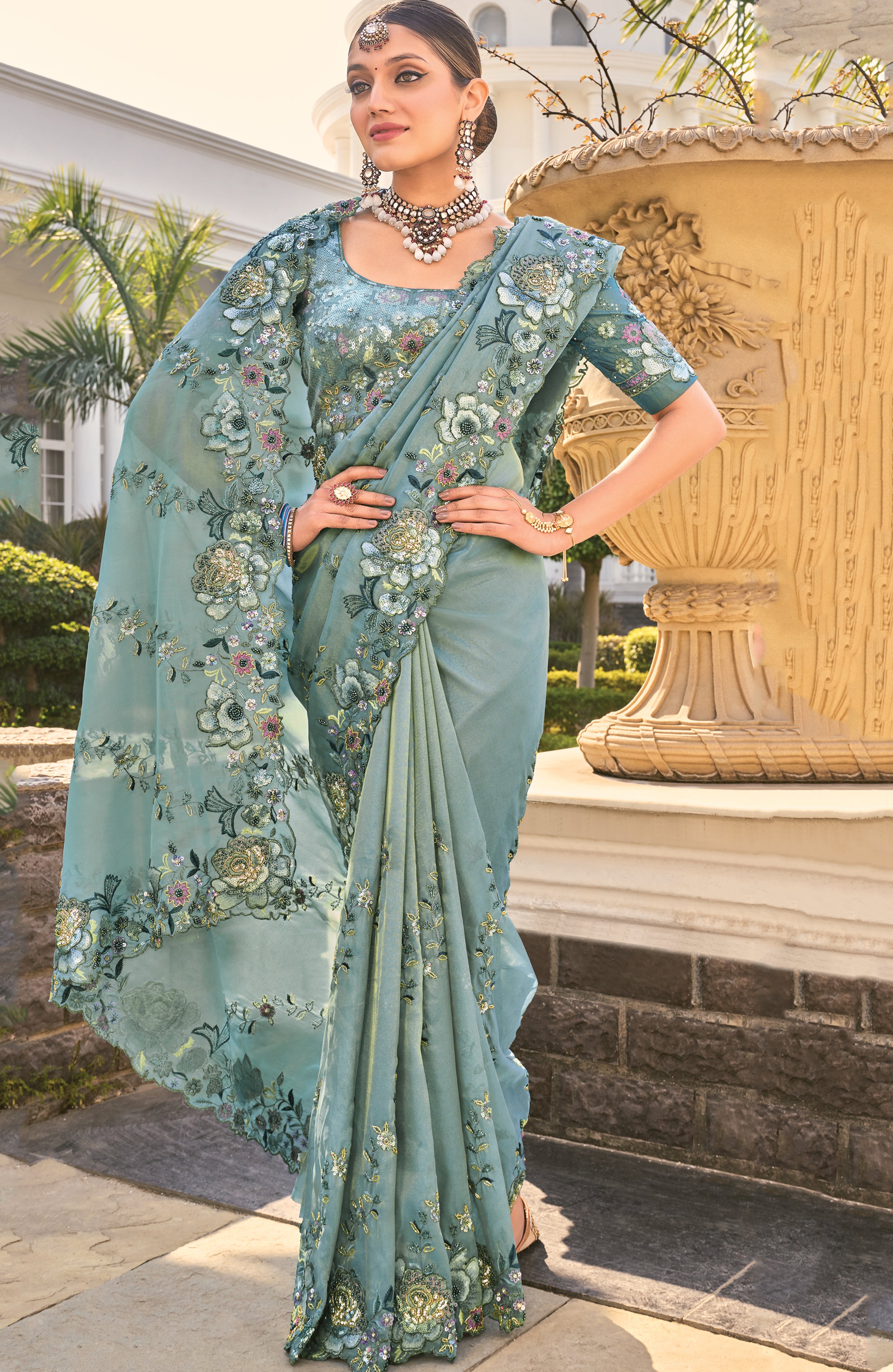 Sea Green Pure Organza Saree With Embroidery Work