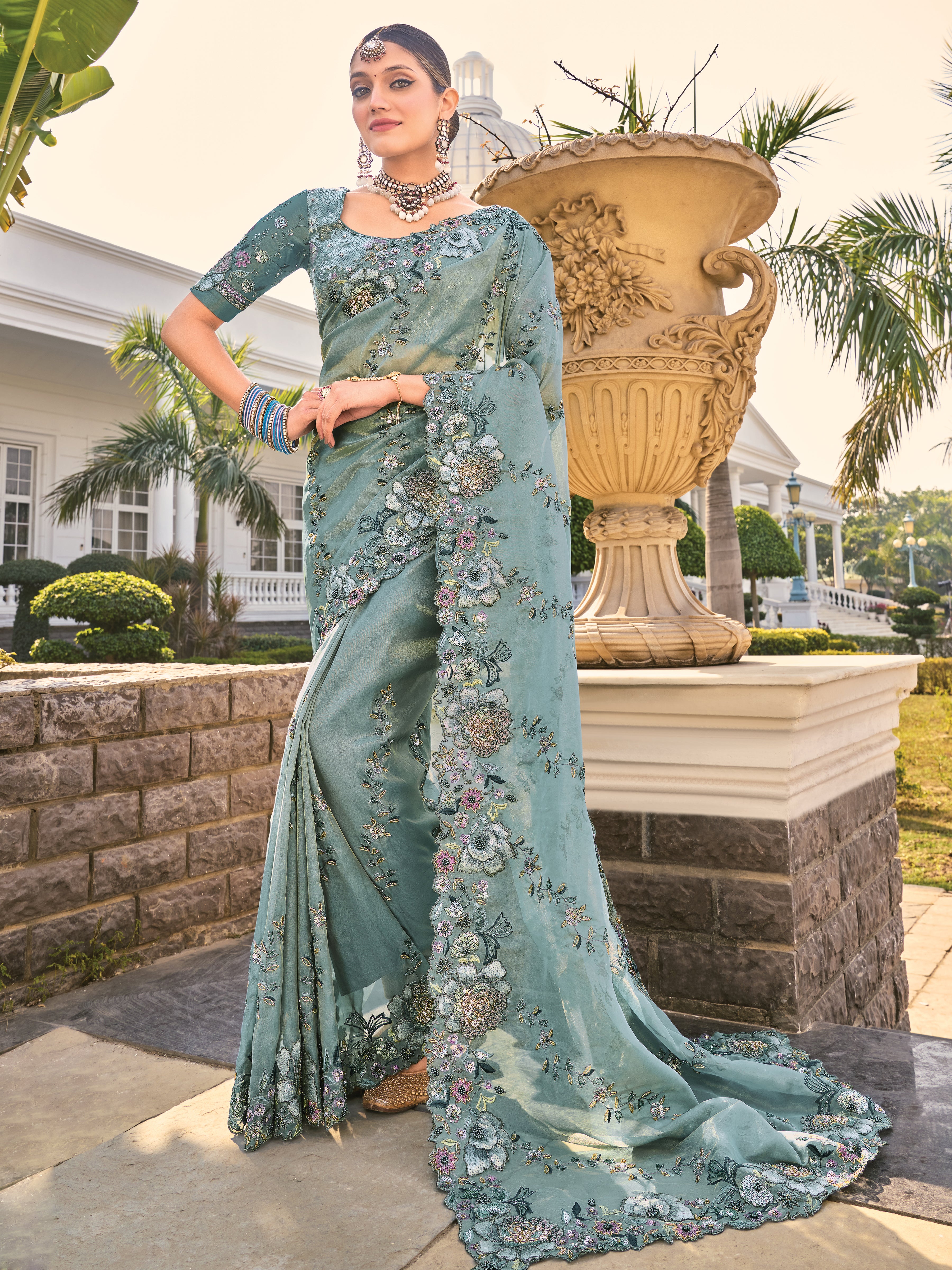 Sea Green Pure Organza Saree With Embroidery Work