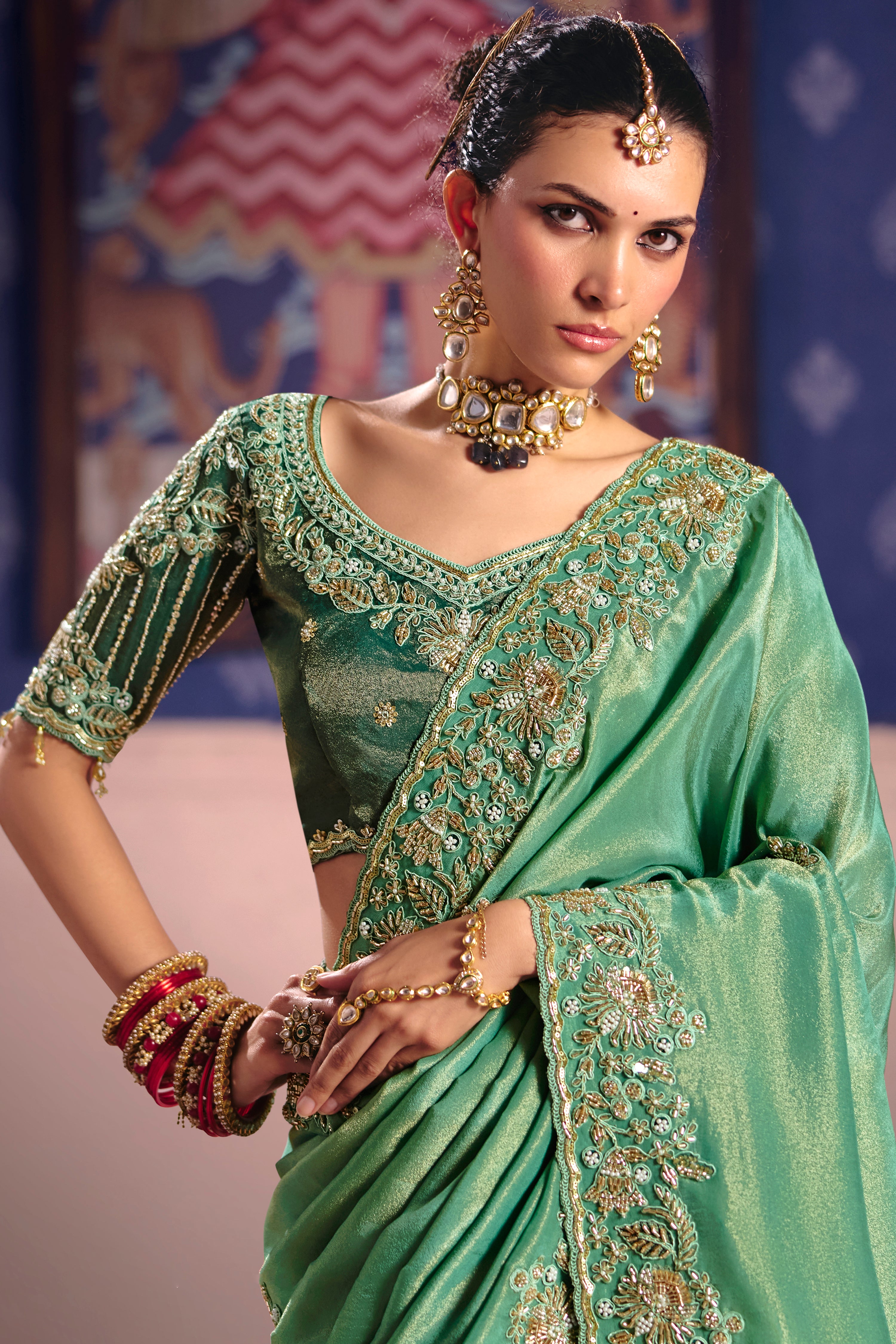 Sea Green Saree With  Heavy Embroidery, Beads With Sequince Work
